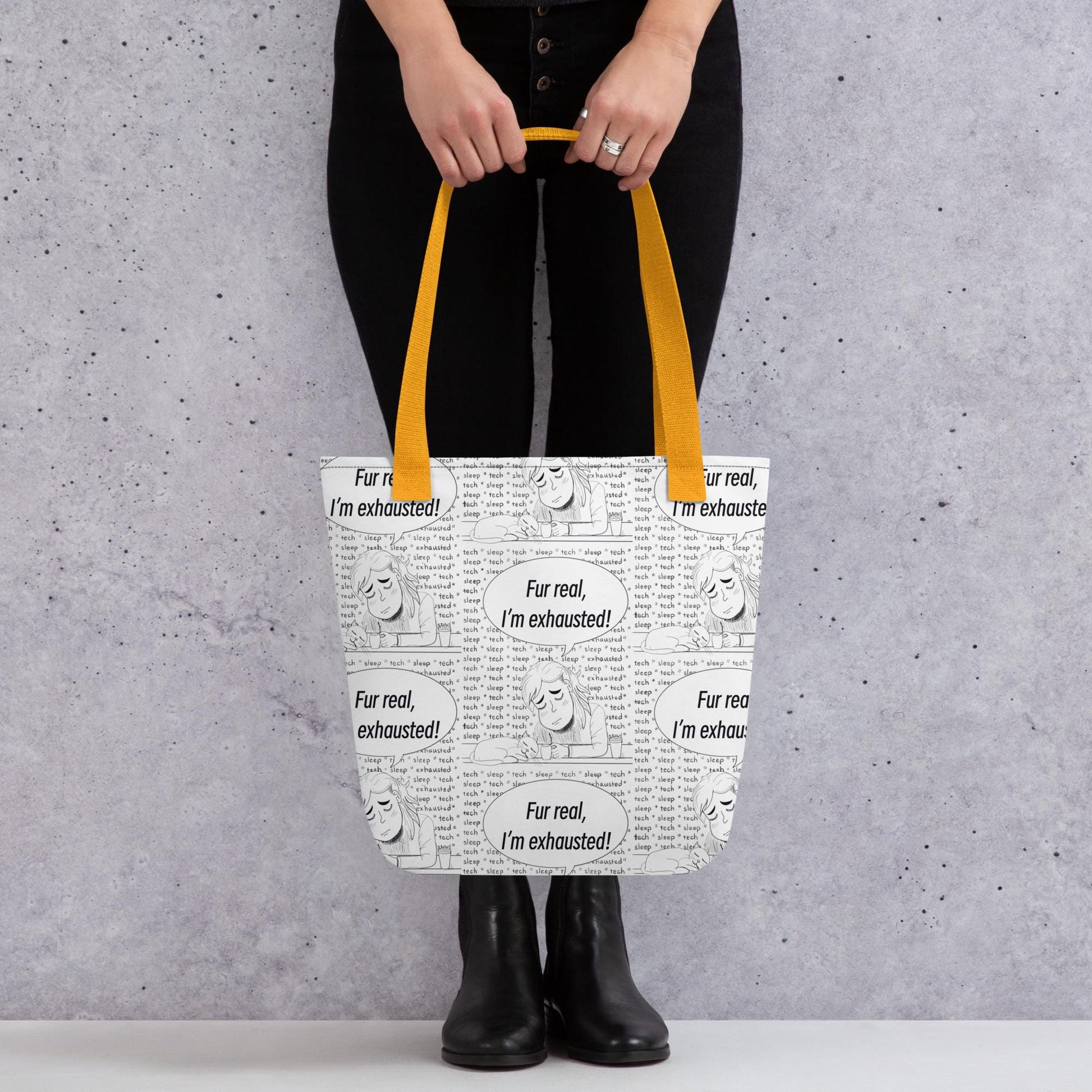Fur Real, I'm Exhausted all-over print tote bag with yellow straps held by person – GrungePup Vet Chaos sarcastic vet tech design