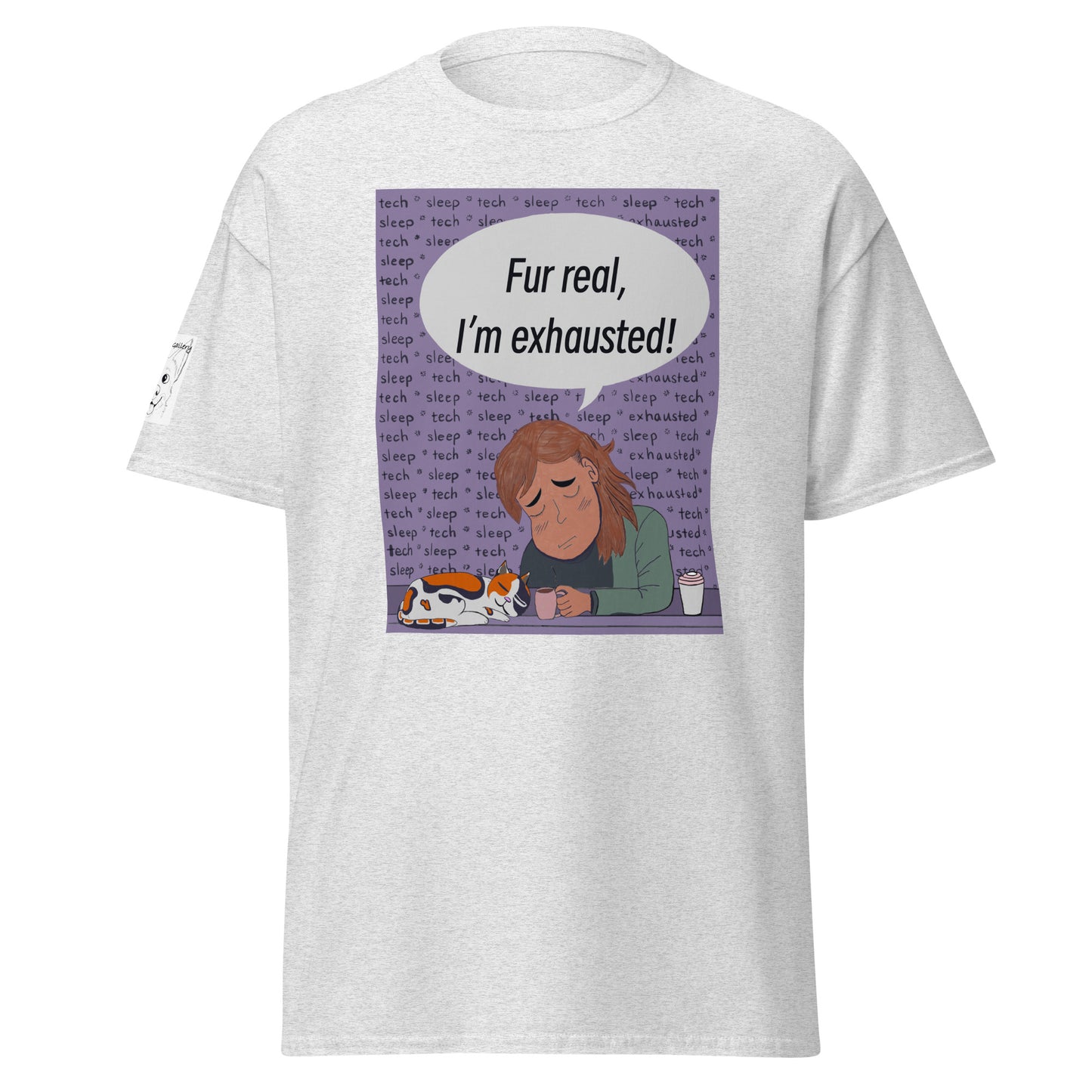 Fur Real, I'm Exhausted ash t-shirt with repeating sleep text and tired vet tech design – GrungePup Vet Chaos humor apparel