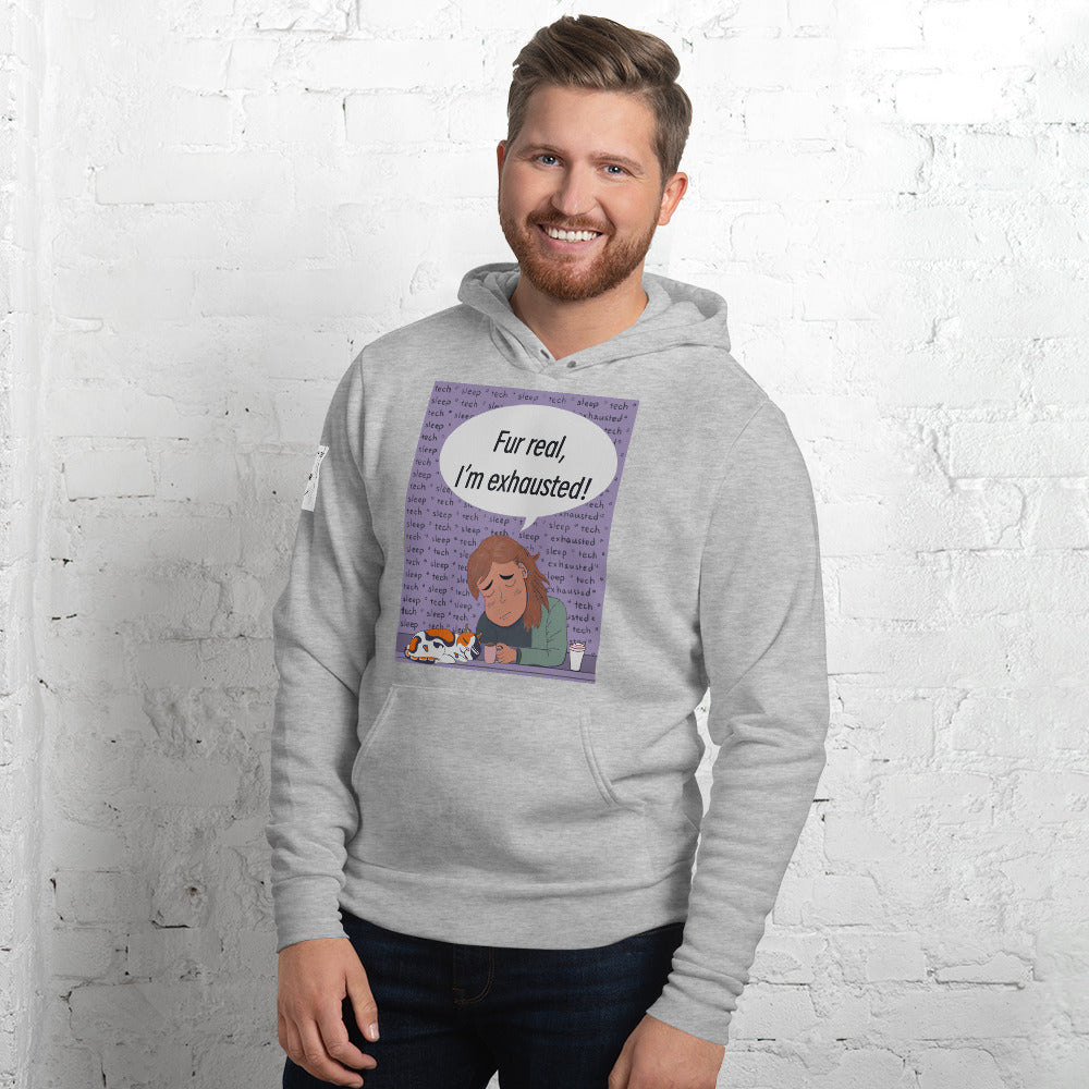 Man wearing athletic heather "Fur Real, I'm Exhausted" hoodie with vet tech and cat design – GrungePup Vet Chaos sarcastic apparel