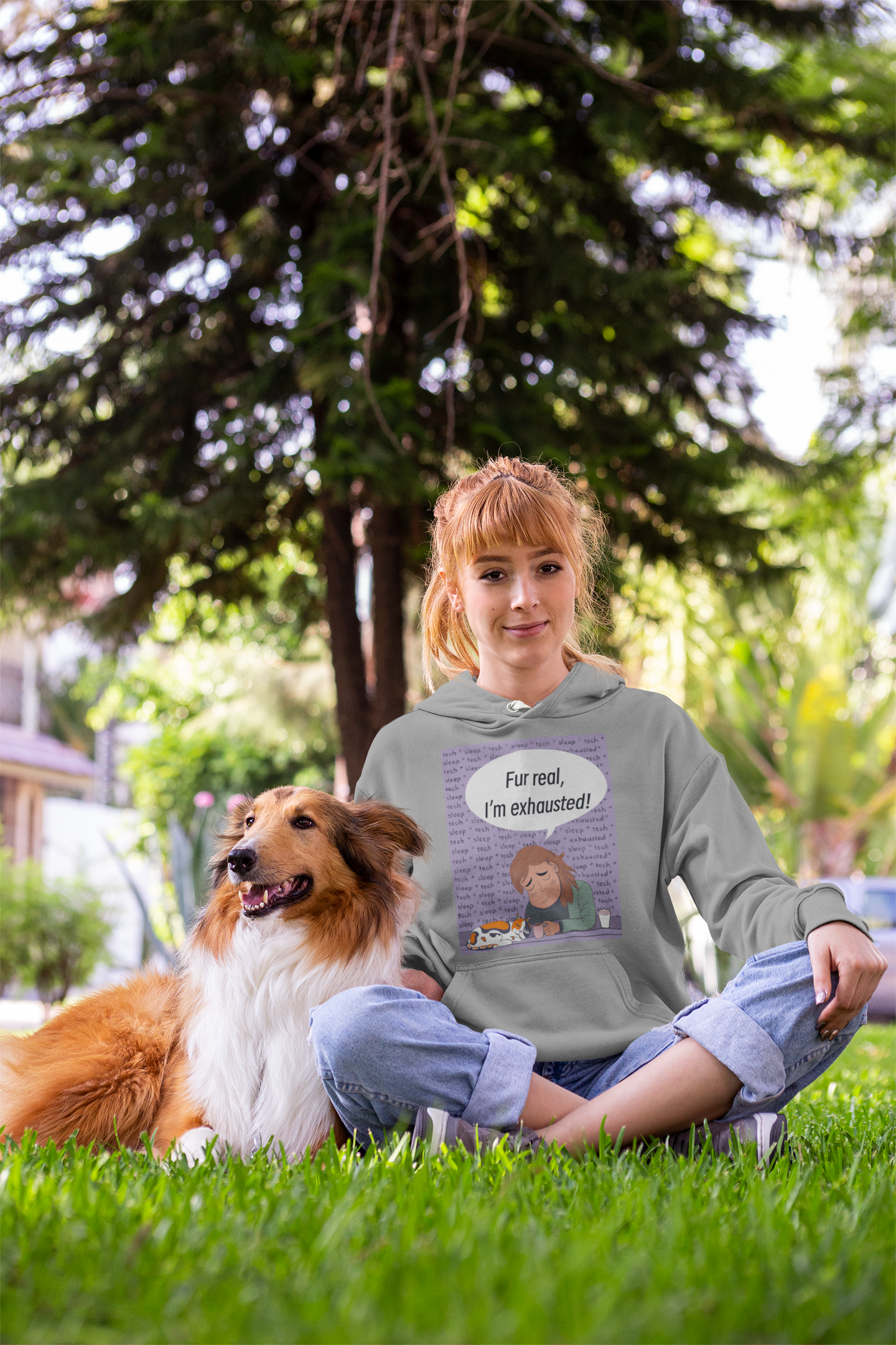Woman sitting with dog outdoors wearing athletic heather "Fur Real, I'm Exhausted" hoodie – GrungePup Vet Chaos humor apparel