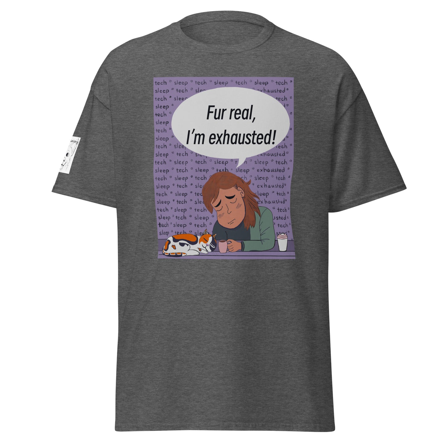 Fur Real, I'm Exhausted dark heather t-shirt with vet exhaustion design and speech bubble – GrungePup Vet Chaos tee