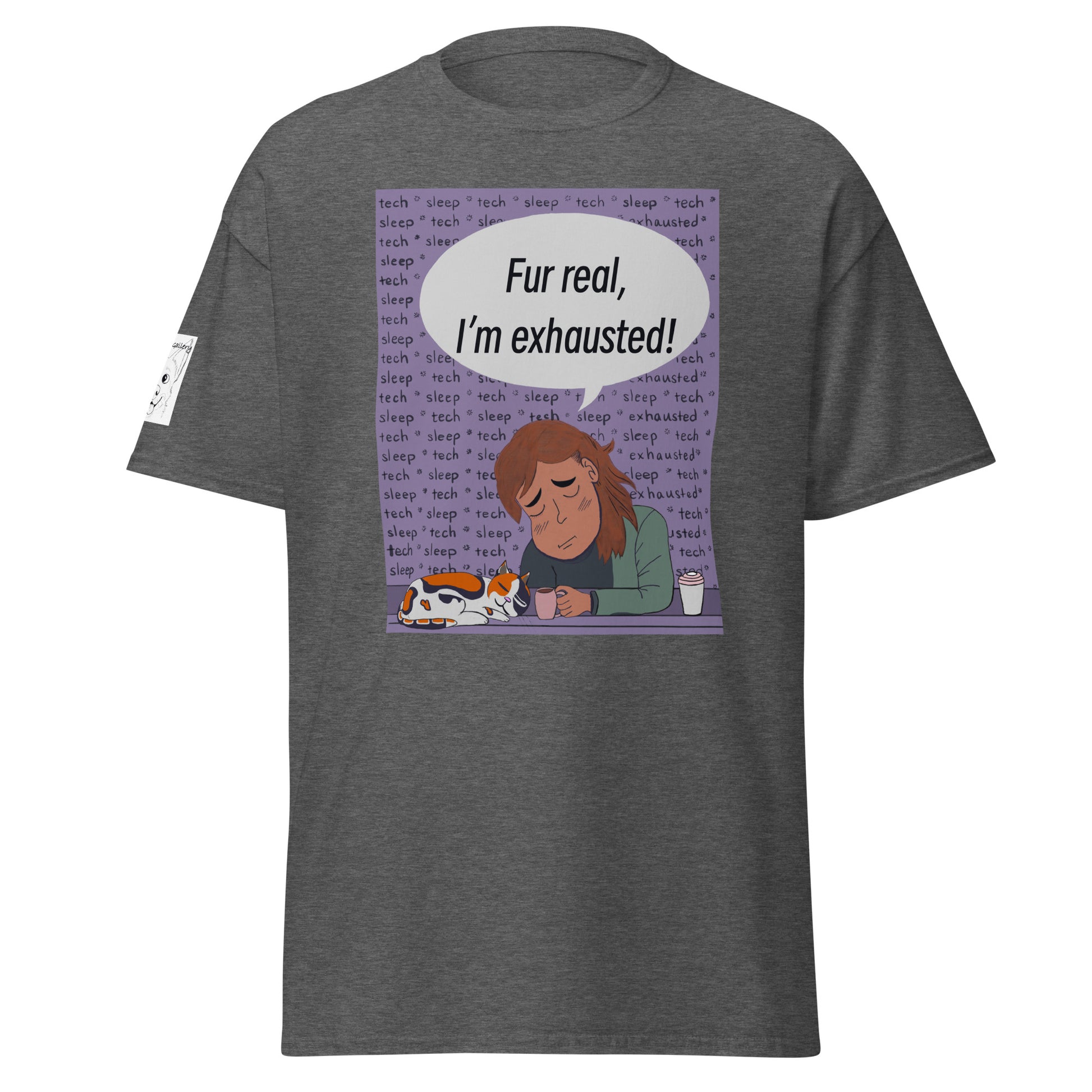Fur Real, I'm Exhausted dark heather t-shirt with vet exhaustion design and speech bubble – GrungePup Vet Chaos tee