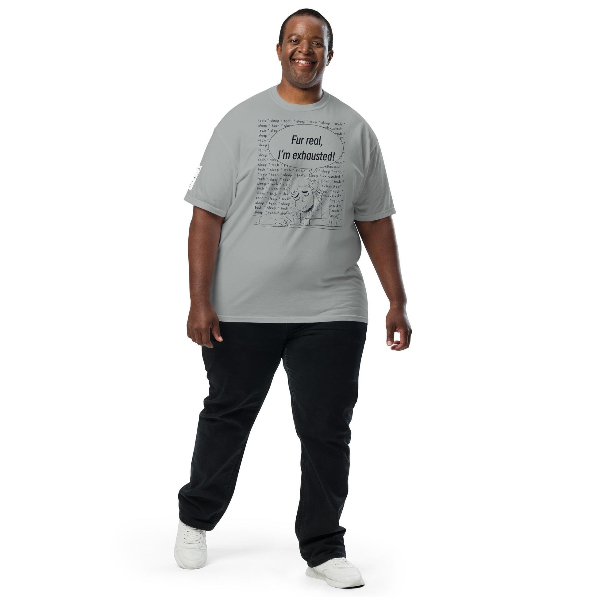 Man wearing granite "Fur Real, I'm Exhausted" t-shirt with vet tech and cat design – GrungePup Vet Chaos sarcastic apparel