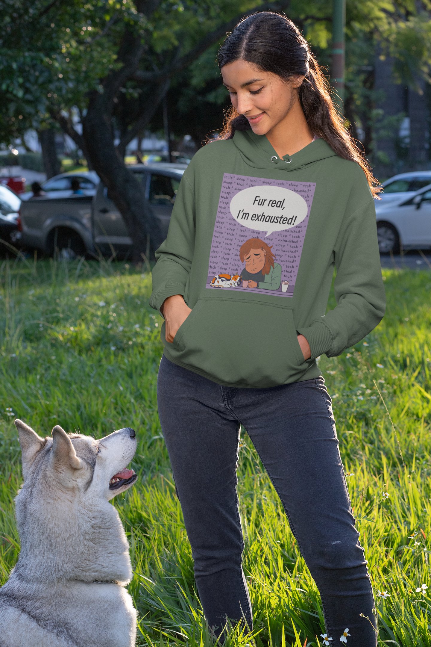 Woman standing in grassy park with dog wearing heather forest "Fur Real, I'm Exhausted" hoodie – GrungePup Vet Chaos humor