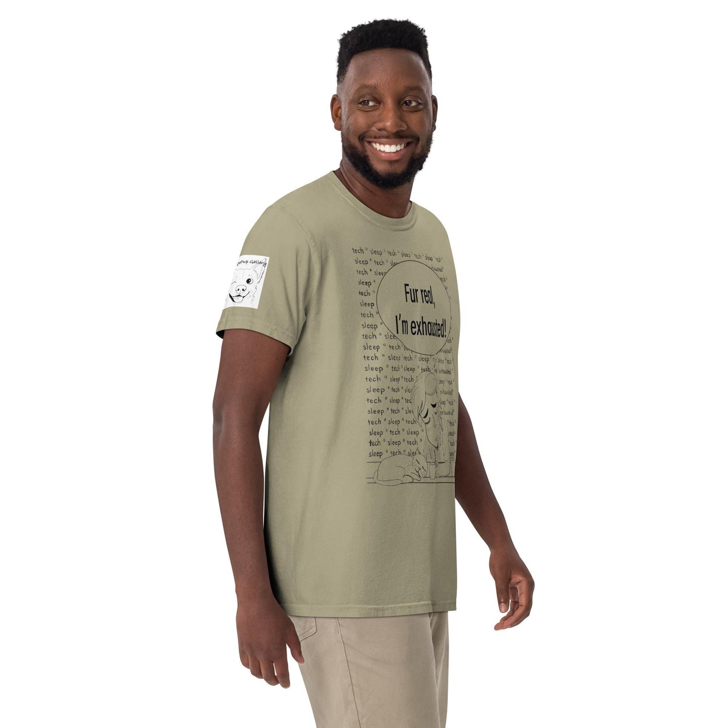 Man wearing khaki "Fur Real, I'm Exhausted" t-shirt with tired vet tech illustration – GrungePup Vet Chaos humor tee