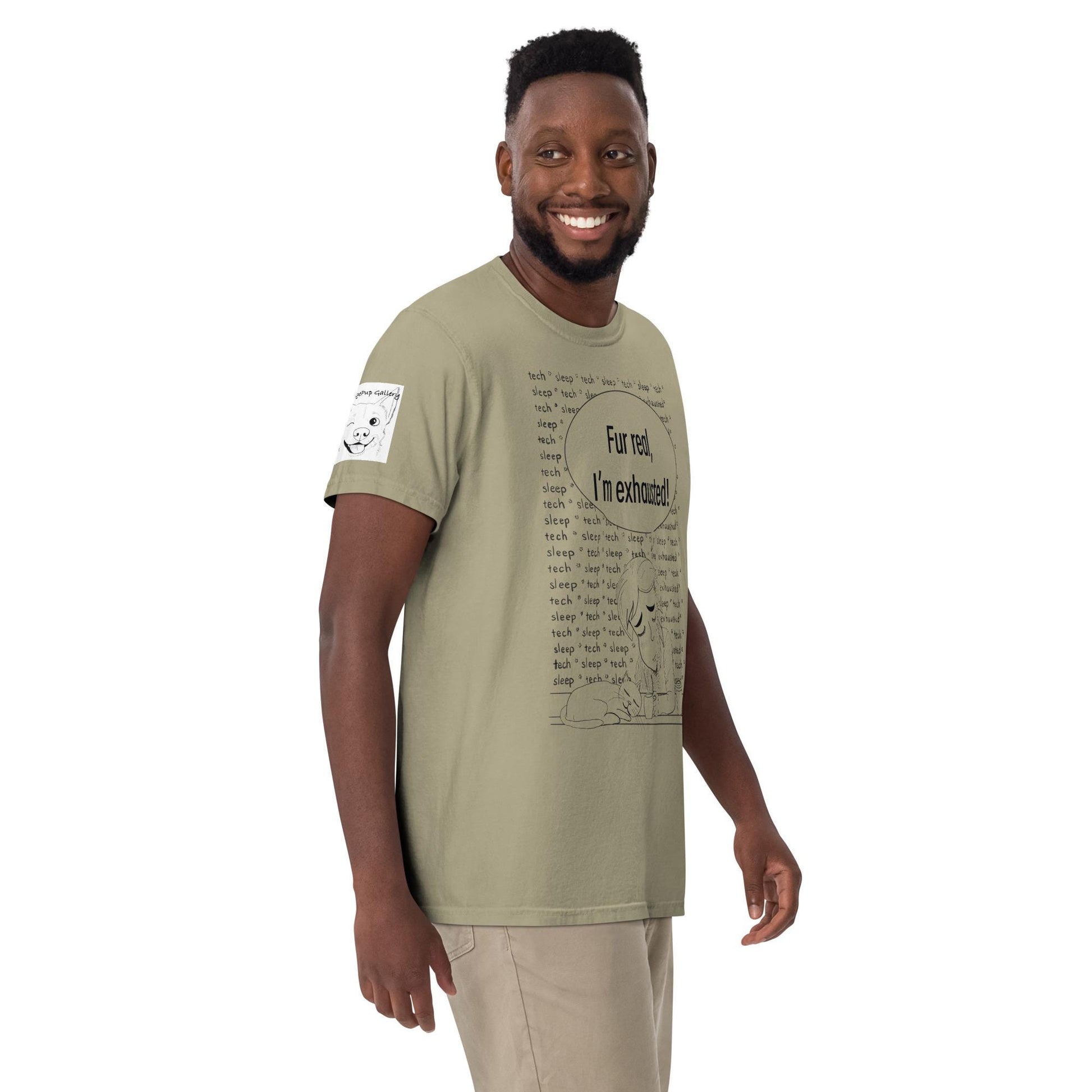 Man wearing khaki "Fur Real, I'm Exhausted" t-shirt with tired vet tech illustration – GrungePup Vet Chaos humor tee