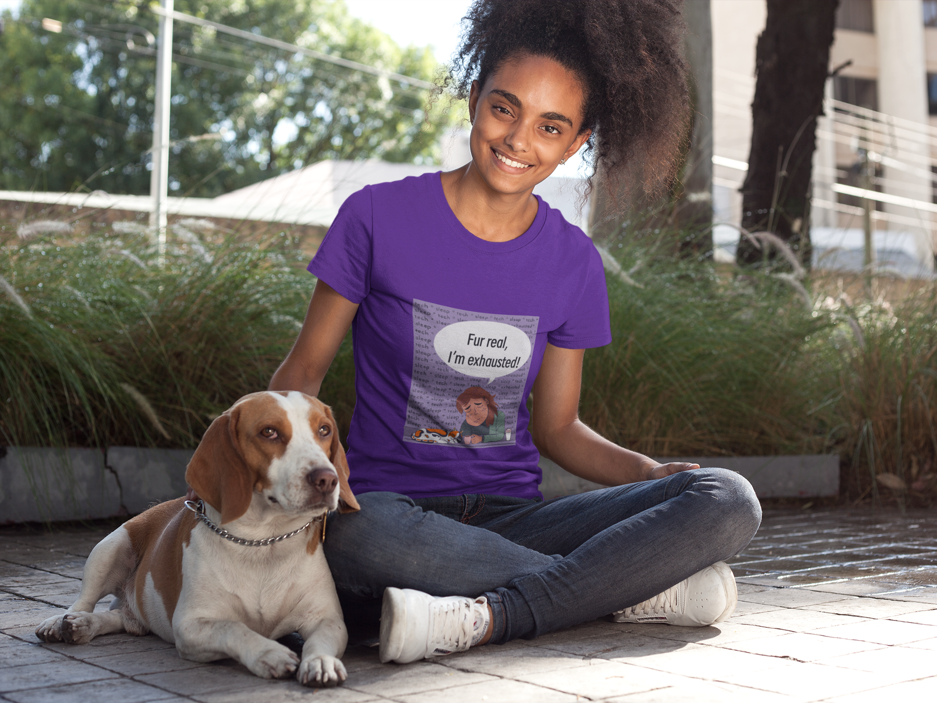 Woman sitting with dog wearing purple "Fur Real, I'm Exhausted" t-shirt – GrungePup Vet Chaos humor apparel