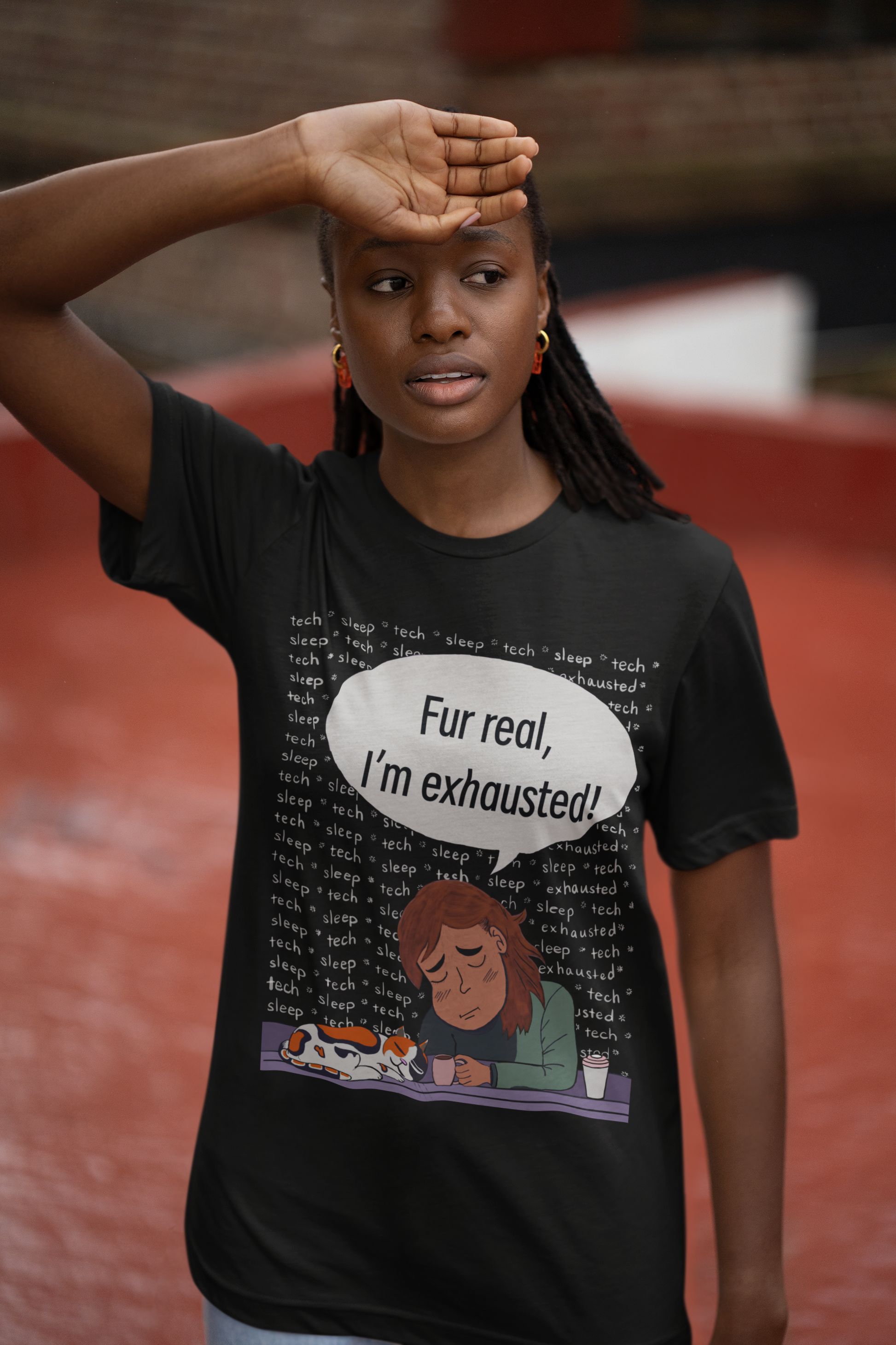 Woman with a worried look in black heather Bella Canvas t-shirt wearing "Fur Real, I'm Exhausted" colorful vet tech design. Humorous take on the exhaustion that comes with caring for animals all day.