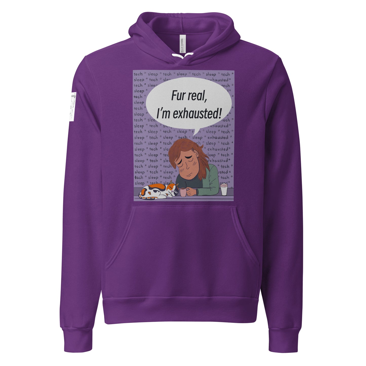 Fur Real, I'm Exhausted team purple hoodie with tired vet tech, cat, and speech bubble design – GrungePup Vet Chaos humor apparel