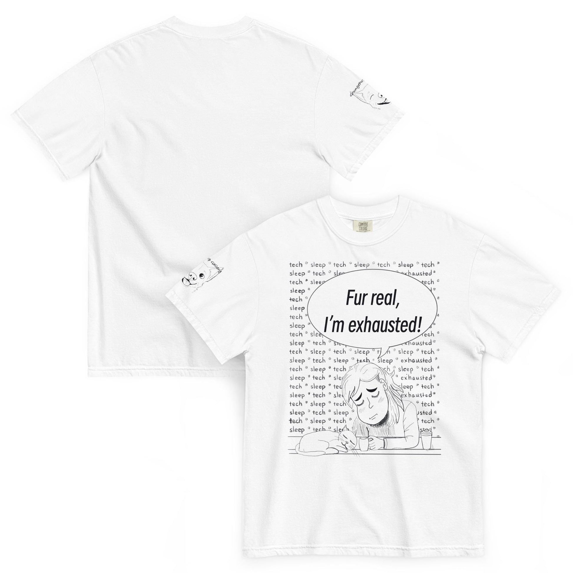 Fur Real, I'm Exhausted white t-shirt with black ink tired vet tech design and repeating text pattern – GrungePup Vet Chaos humor apparel