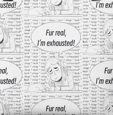Close-up of black and white Fur Real, I'm Exhausted tote bag design featuring exhausted dog and speech bubble pattern