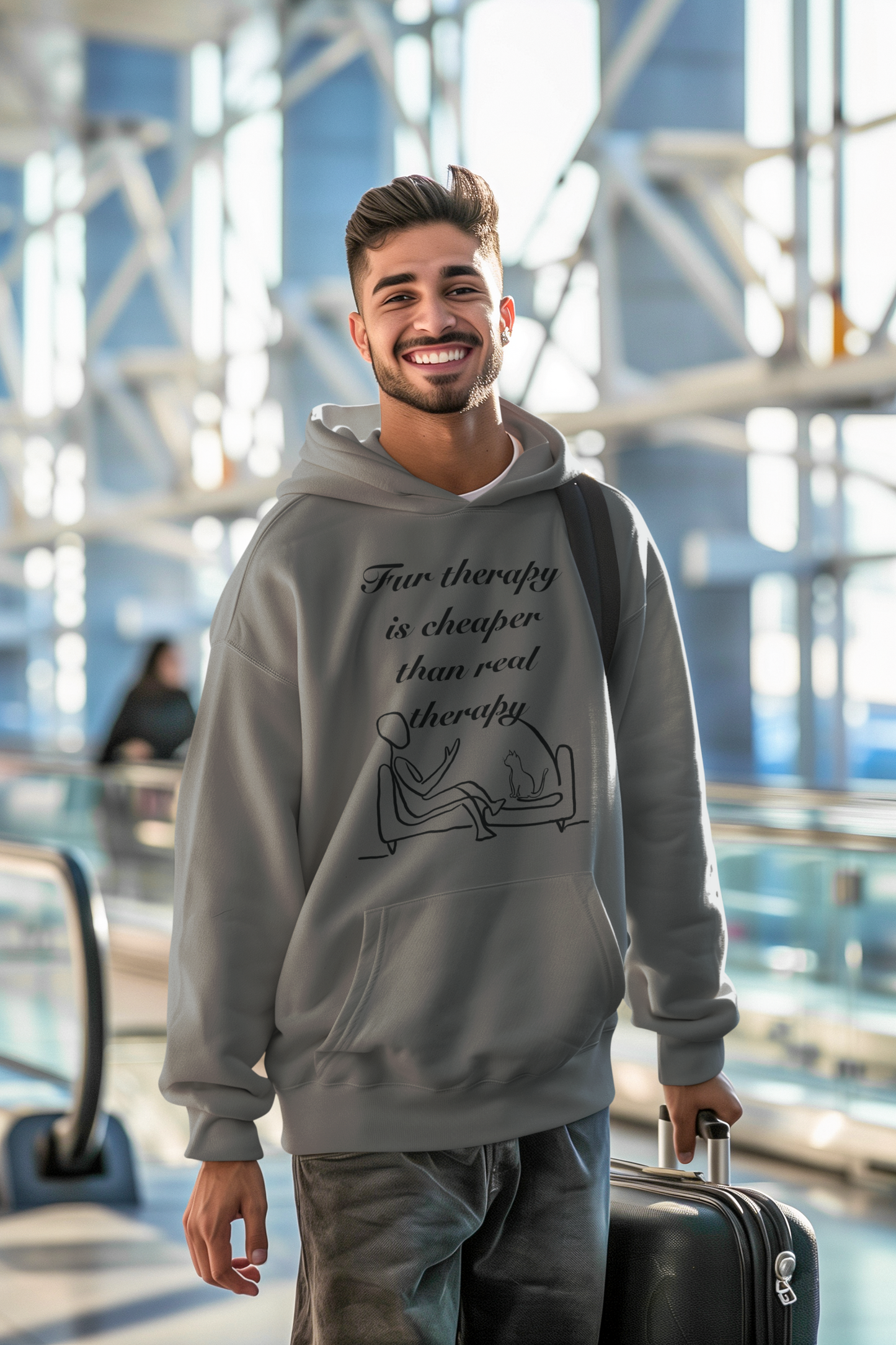 Man in airport wearing graphite heather Fur Therapy Is Cheaper Than Real Therapy black ink cat hoodie – relatable lazy vibes affirmation by GrungePup Sarcastic Affirmations