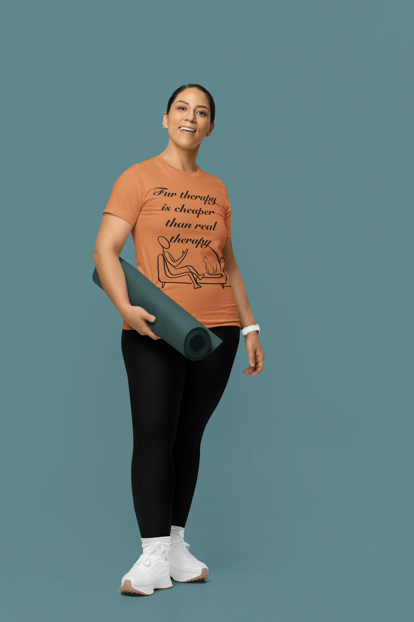 Woman standing in a room wearing heather autumn Fur Therapy is Cheaper Than Real Therapy black ink cat t-shirt
