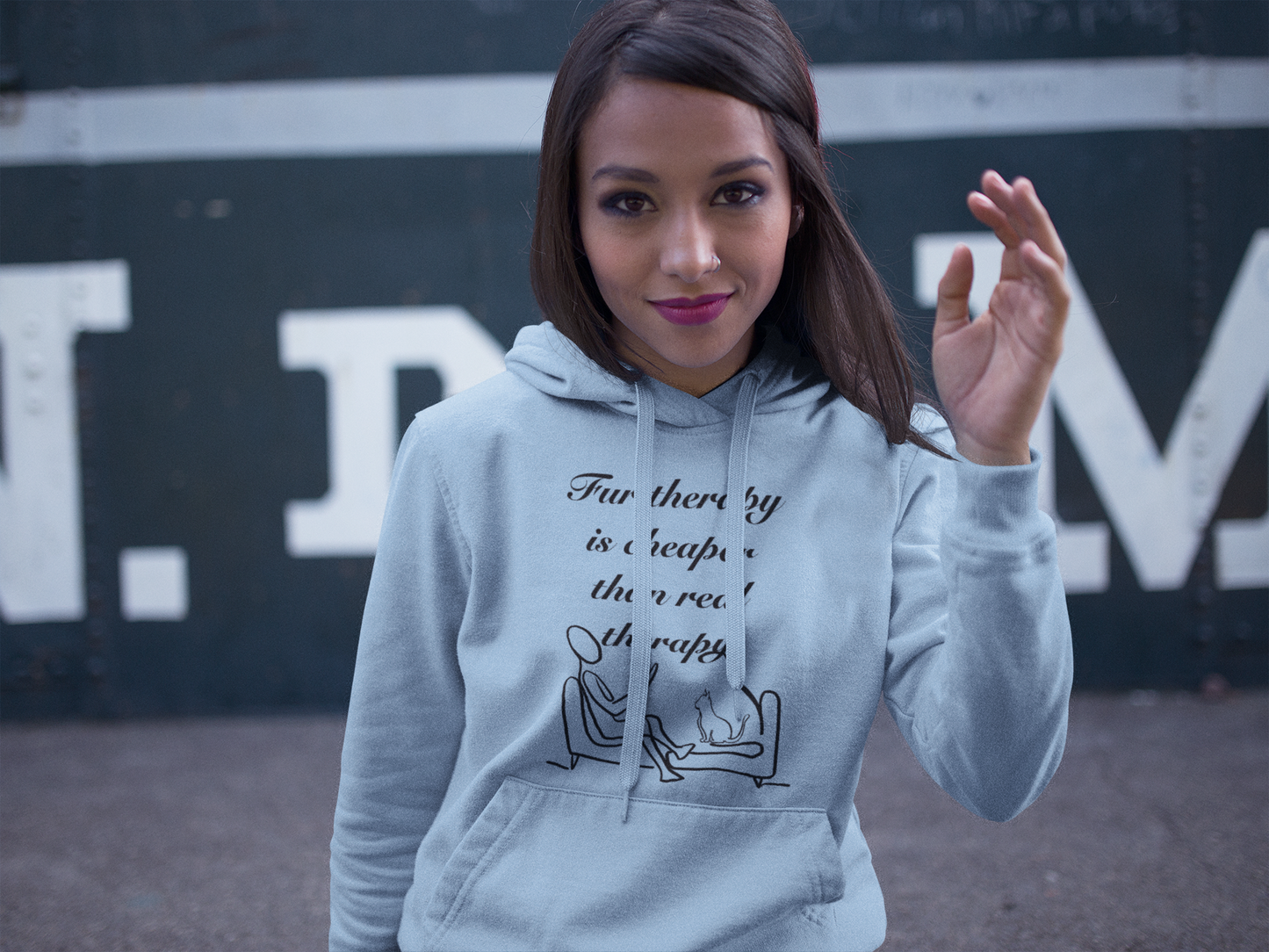Brown skin woman wearing light blue Fur Therapy Is Cheaper Than Real Therapy black ink cat hoodie – sarcastic pet therapy affirmation by GrungePup Sarcastic Affirmations