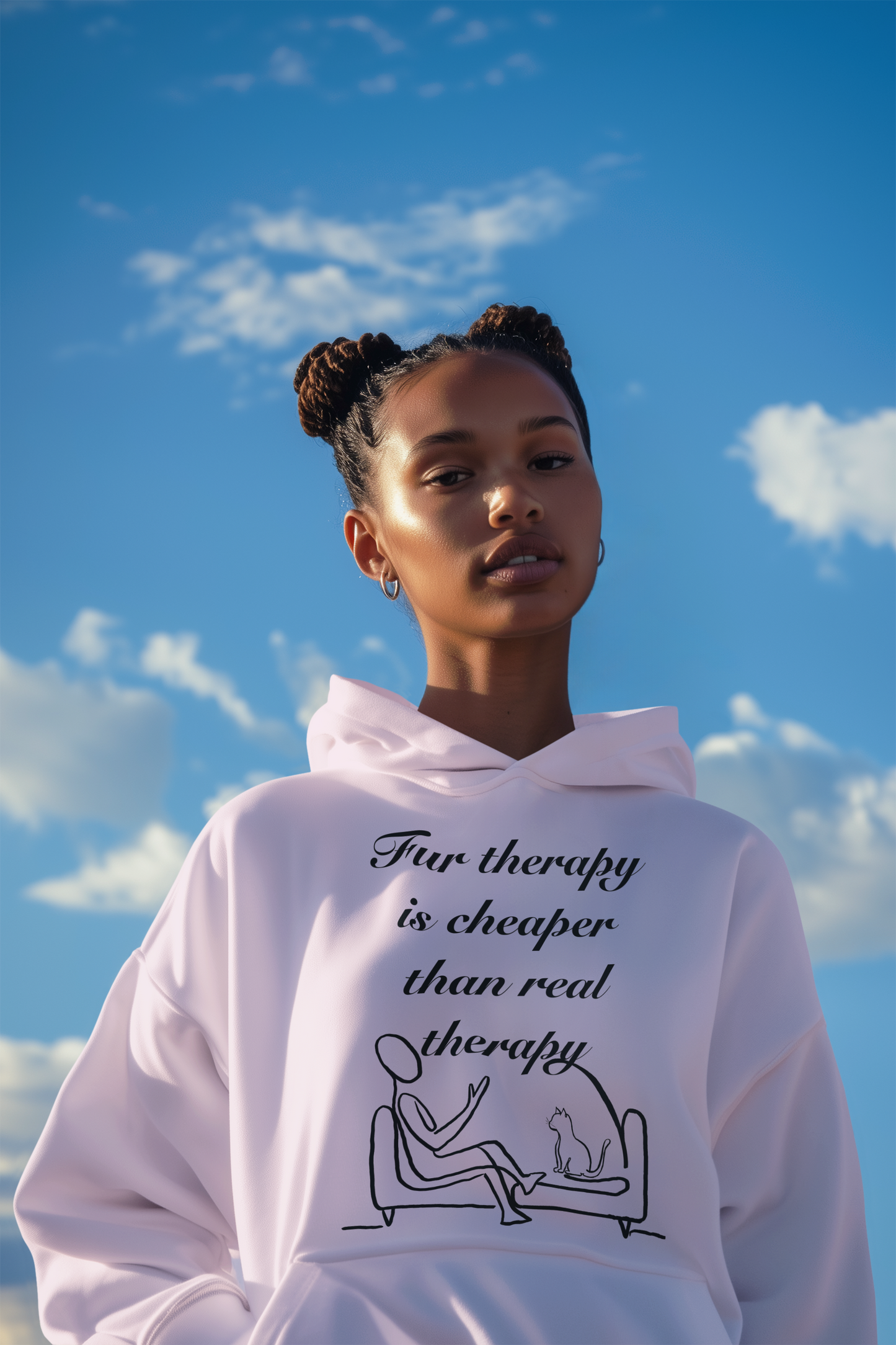 Woman posing against sky wearing light pink Fur Therapy Is Cheaper Than Real Therapy black ink cat hoodie – sarcastic affirmation design by GrungePup Sarcastic Affirmations