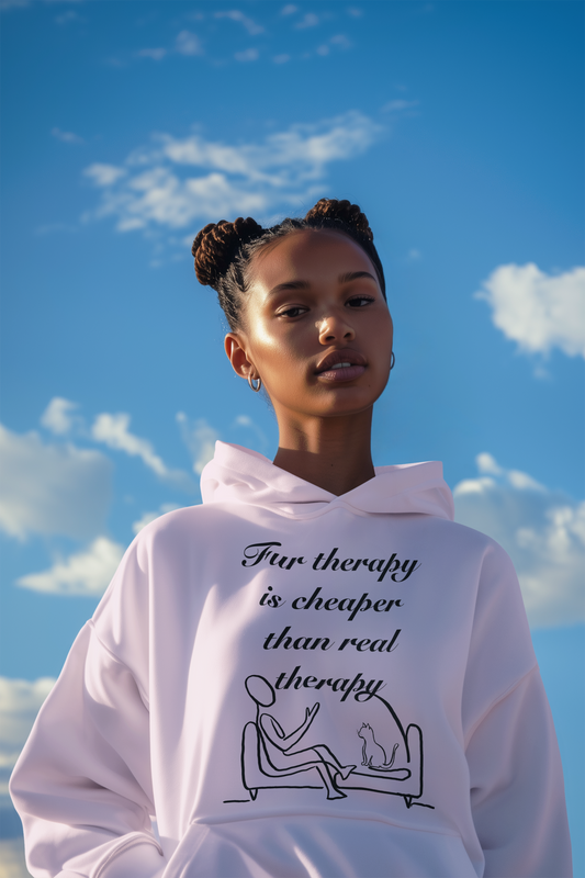 Woman posing against sky wearing light pink Fur Therapy Is Cheaper Than Real Therapy black ink cat hoodie – sarcastic affirmation design by GrungePup Sarcastic Affirmations