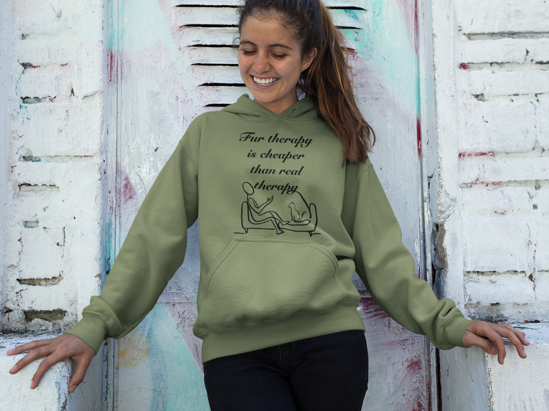 Woman wearing military green Fur Therapy Is Cheaper Than Real Therapy black ink cat hoodie – minimalist cat therapy design by GrungePup Sarcastic Affirmations