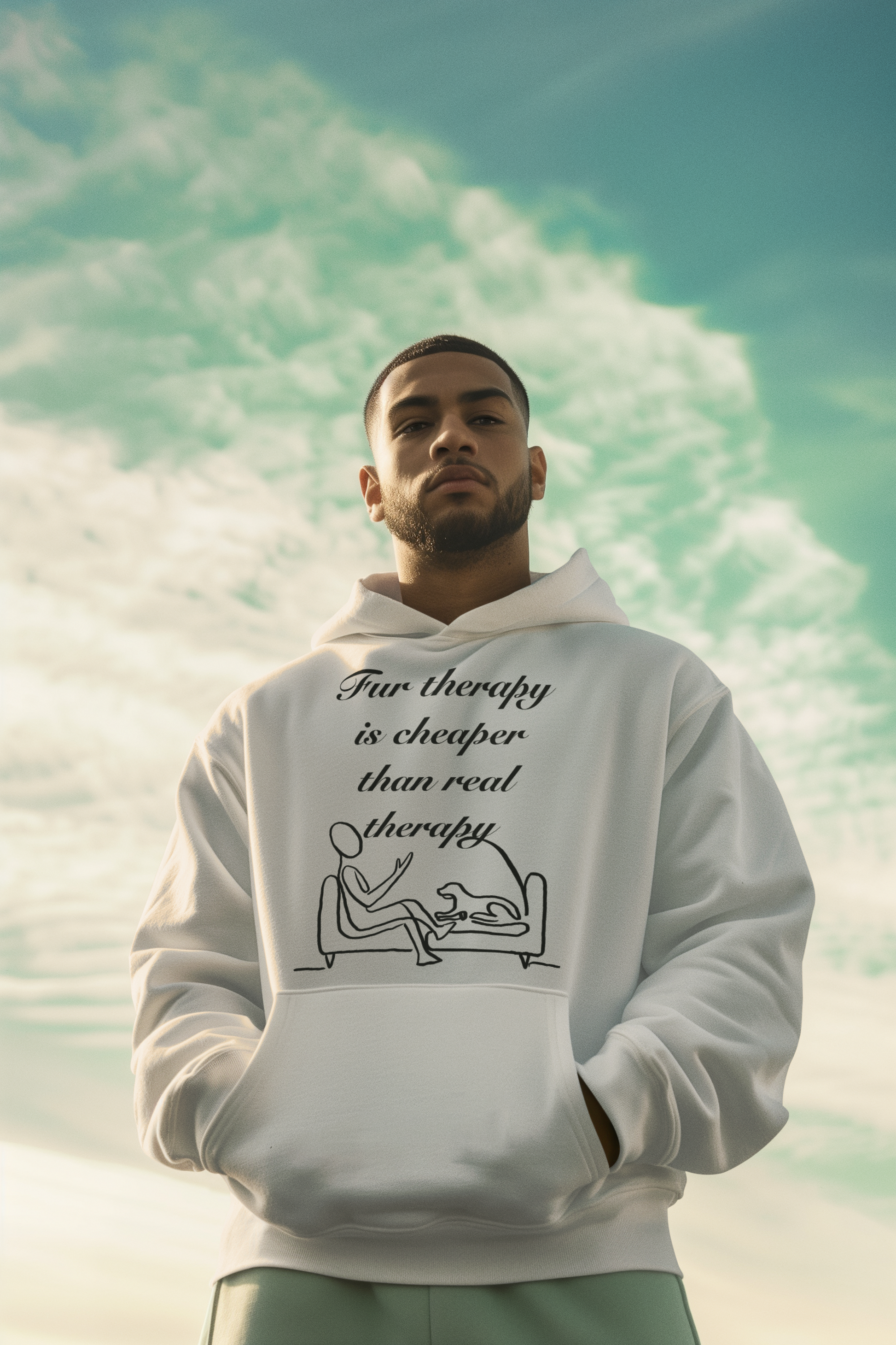 Man wearing ash Fur Therapy is Cheaper Than Real Therapy black ink dog hoodie standing against a dramatic cloudy sky