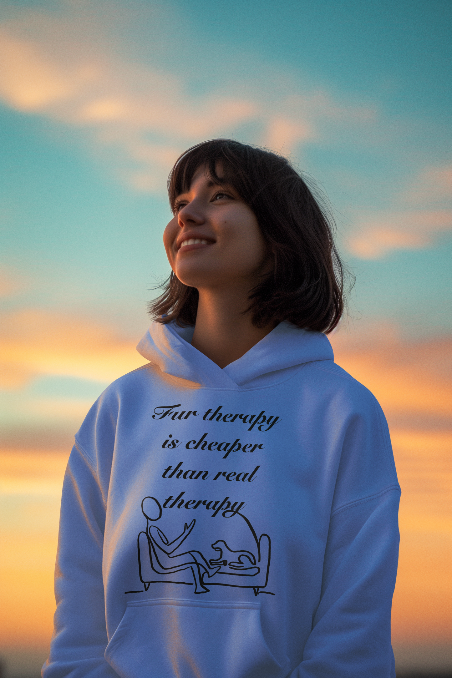 Smiling woman wearing carolina blue Fur Therapy is Cheaper Than Real Therapy hoodie at golden hour sunset