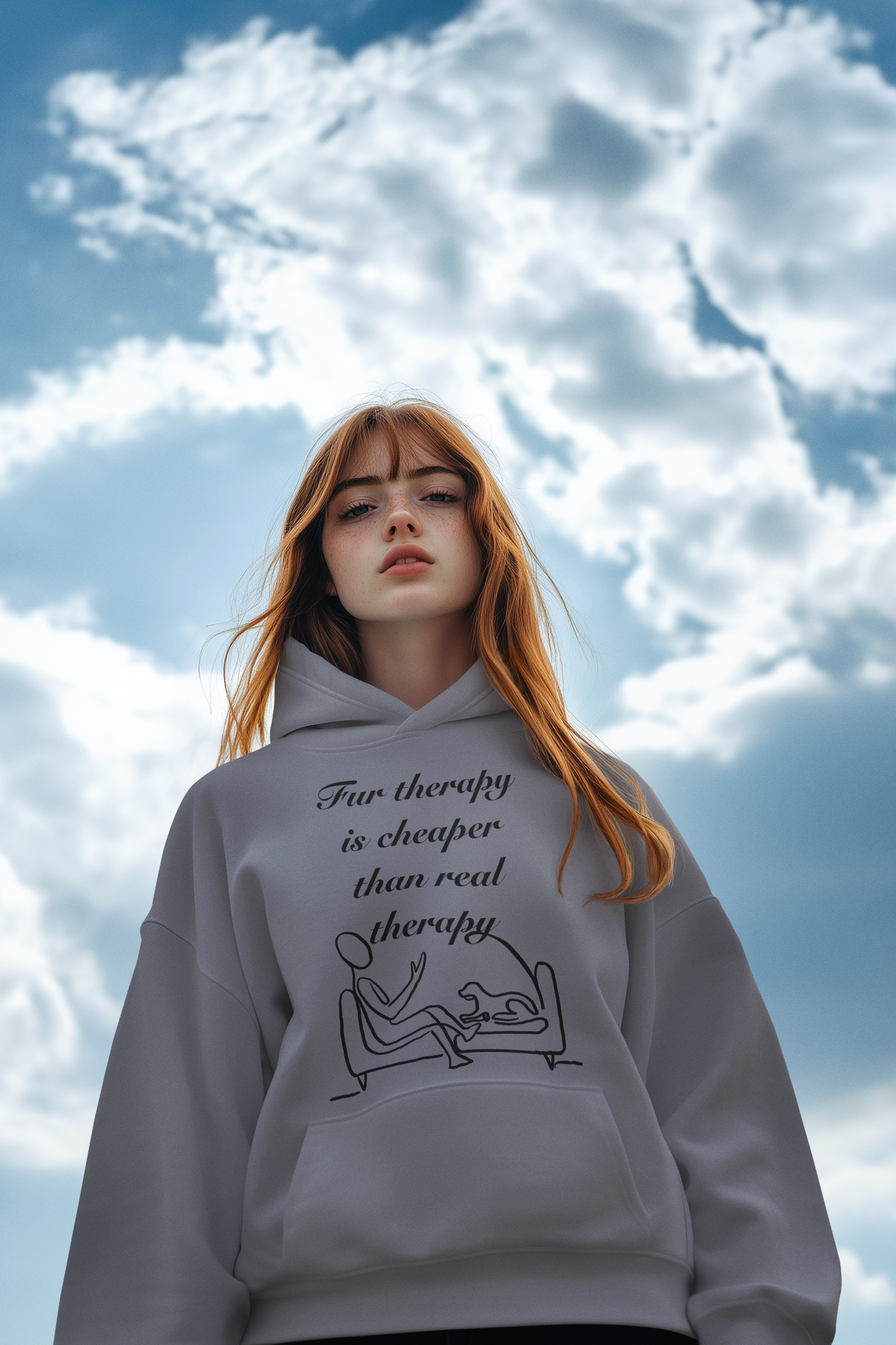 Young woman with red hair wearing sport grey Fur Therapy is Cheaper Than Real Therapy black ink dog hoodie against blue sky