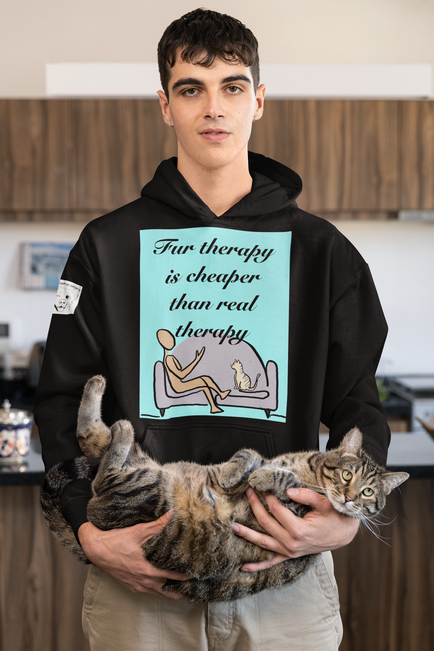 Man holding cat while wearing black Fur Therapy Is Cheaper Than Real Therapy colored cat hoodie – funny pet therapy design by GrungePup Sarcastic Affirmations