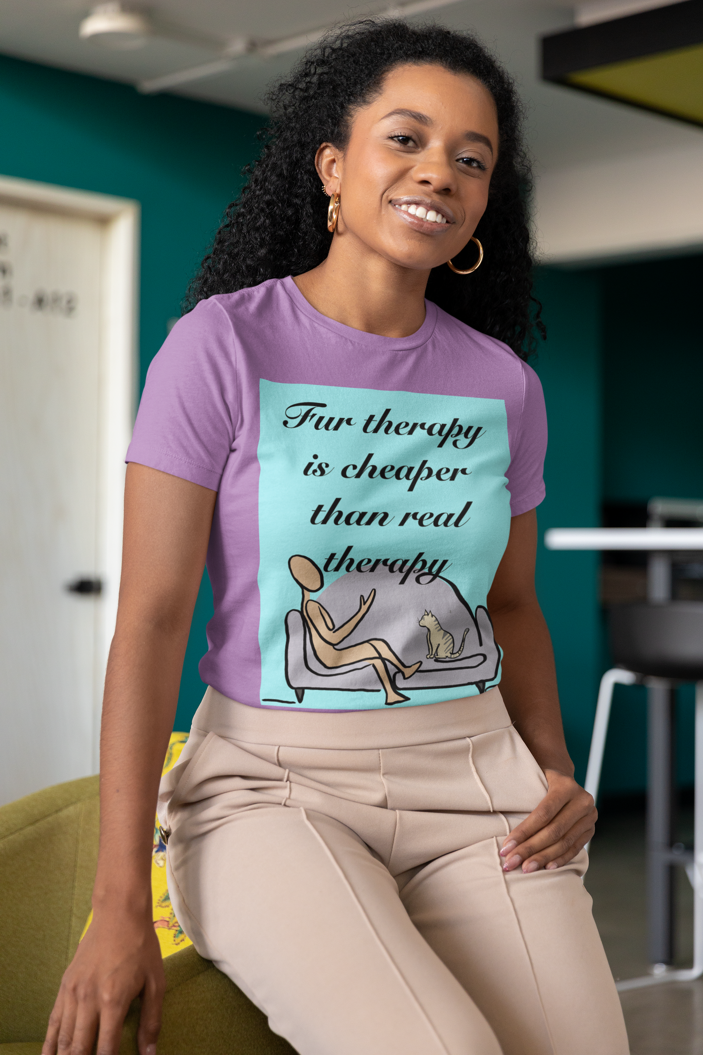 Woman leaning on couch wearing heather team purple Fur Therapy Is Cheaper Than Real Therapy colored cat t-shirt – lazy vibes pet therapy design by GrungePup Sarcastic Affirmations