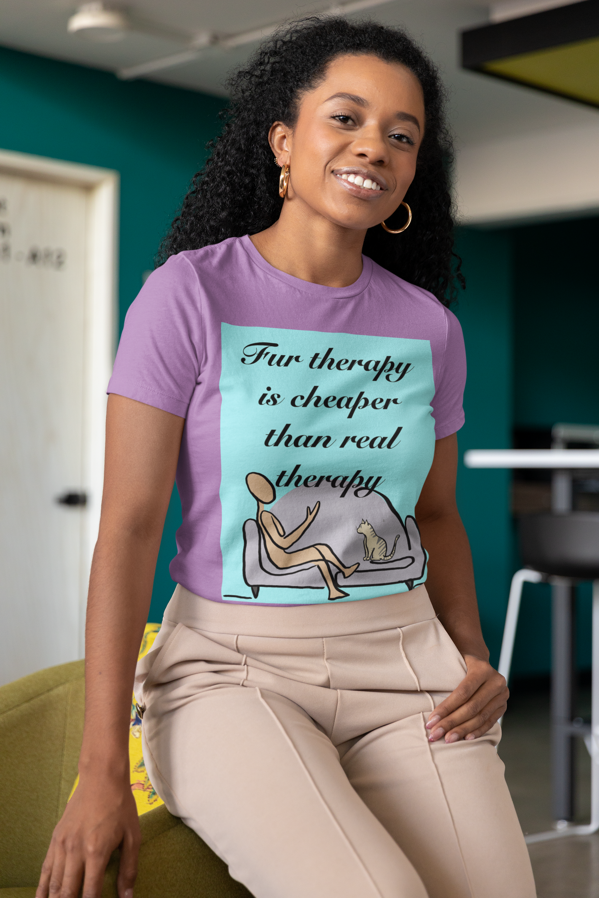 Woman leaning on couch wearing heather team purple Fur Therapy Is Cheaper Than Real Therapy colored cat t-shirt – lazy vibes pet therapy design by GrungePup Sarcastic Affirmations