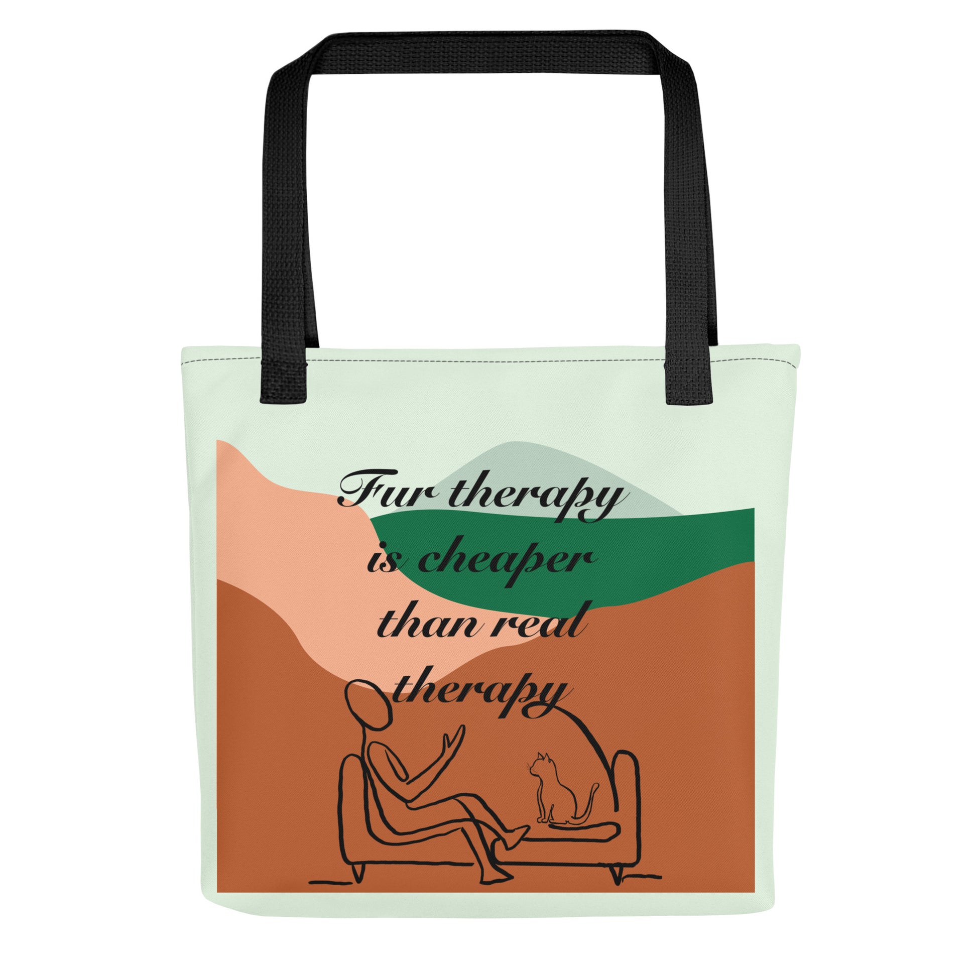 Front view of Fur Therapy Is Cheaper Than Real Therapy colored cat all-over print tote bag showing the full design with person and cat on couch – sarcastic pet therapy affirmation by GrungePup Sarcastic Affirmations