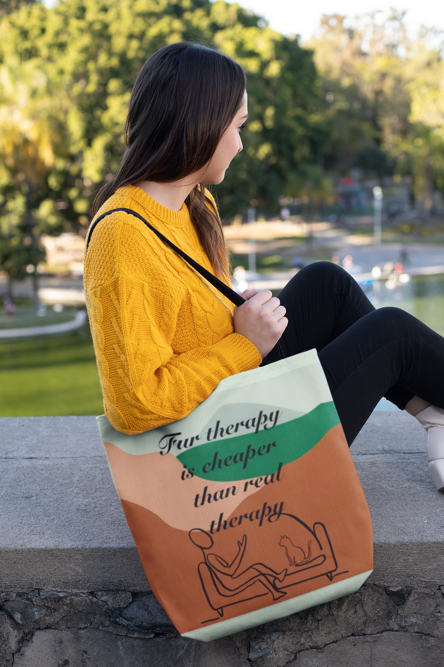 Front view of Fur Therapy Is Cheaper Than Real Therapy colored cat all-over print tote bag showing the full design with person and cat on couch – sarcastic pet therapy affirmation by GrungePup Sarcastic Affirmations