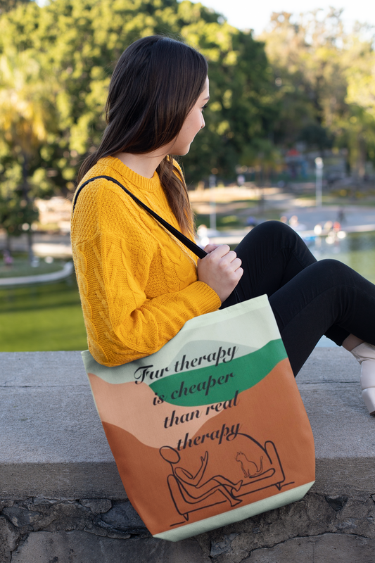 Front view of Fur Therapy Is Cheaper Than Real Therapy colored cat all-over print tote bag showing the full design with person and cat on couch – sarcastic pet therapy affirmation by GrungePup Sarcastic Affirmations