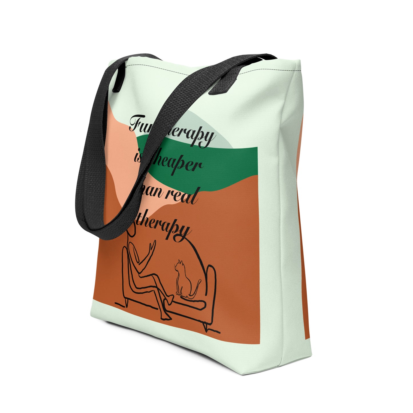 Side angle view of Fur Therapy Is Cheaper Than Real Therapy colored cat all-over print tote bag with black straps – funny pet therapy design by GrungePup Sarcastic Affirmations