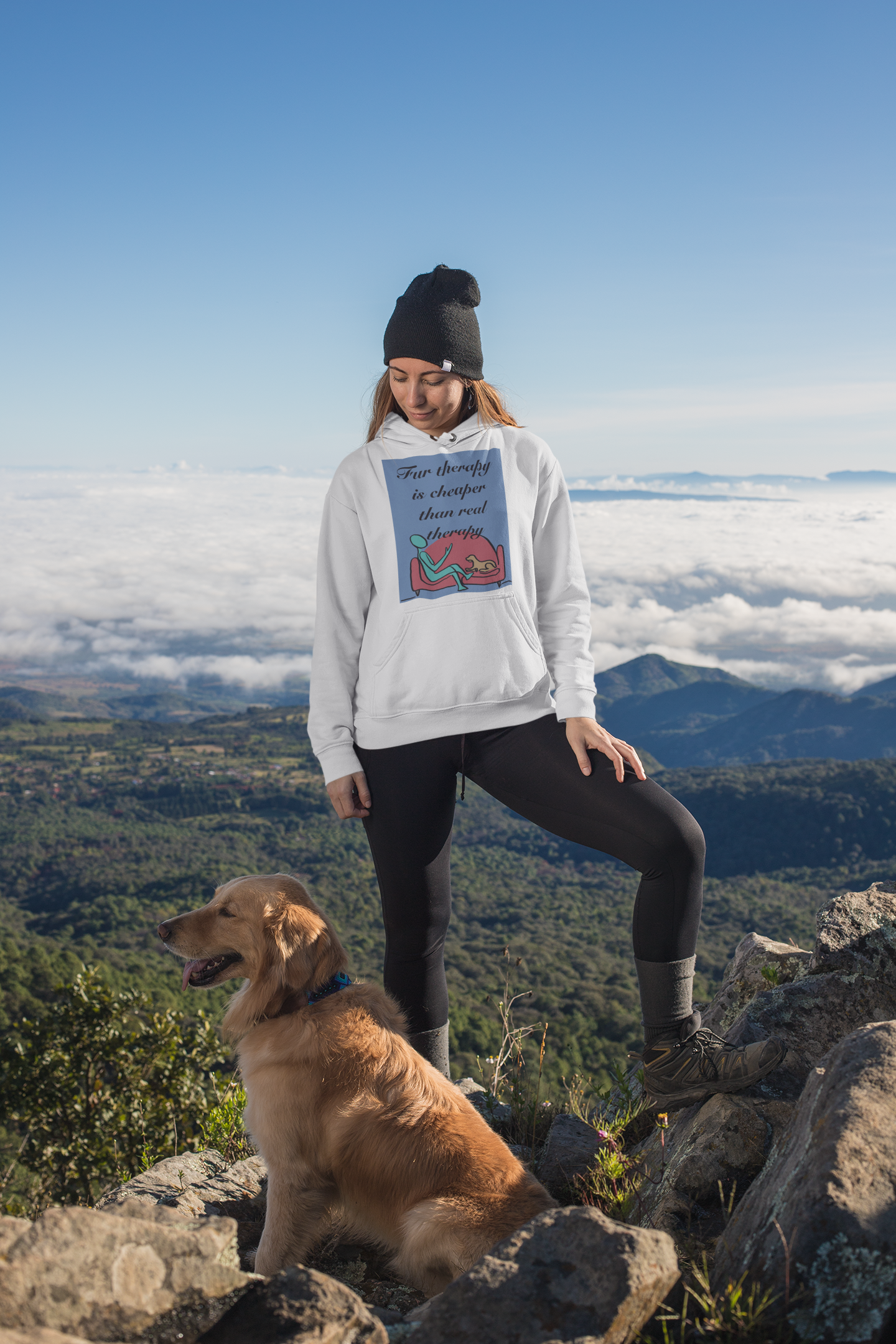 Woman with golden retriever on mountain wearing ash Fur Therapy Is Cheaper Than Real Therapy colored dog hoodie – sarcastic pet therapy affirmation by GrungePup Sarcastic Affirmations