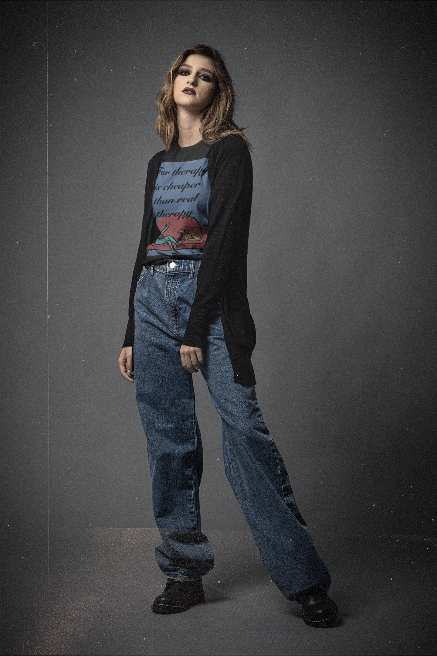 Woman with grunge style wearing black heather Fur Therapy Is Cheaper Than Real Therapy colored dog t-shirt – sarcastic affirmation design by GrungePup Sarcastic Affirmations