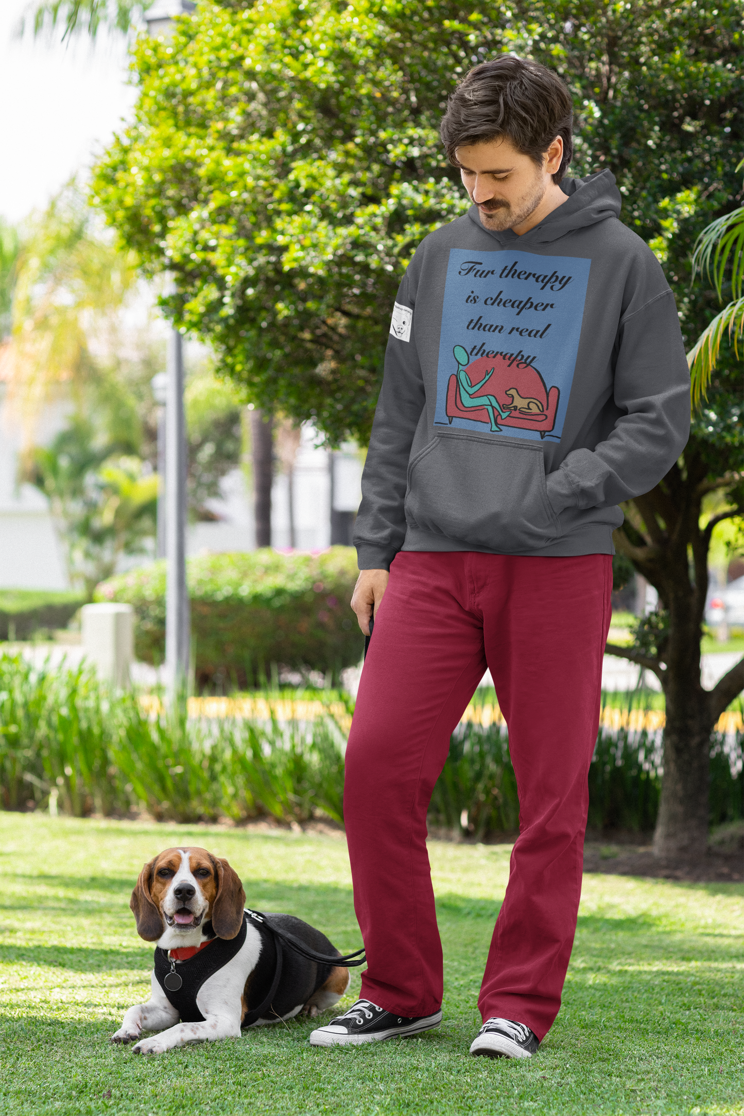 Man standing outside in red pants with beagle wearing dark heather Fur Therapy Is Cheaper Than Real Therapy colored dog hoodie – sarcastic lazy vibes affirmation by GrungePup Sarcastic Affirmations