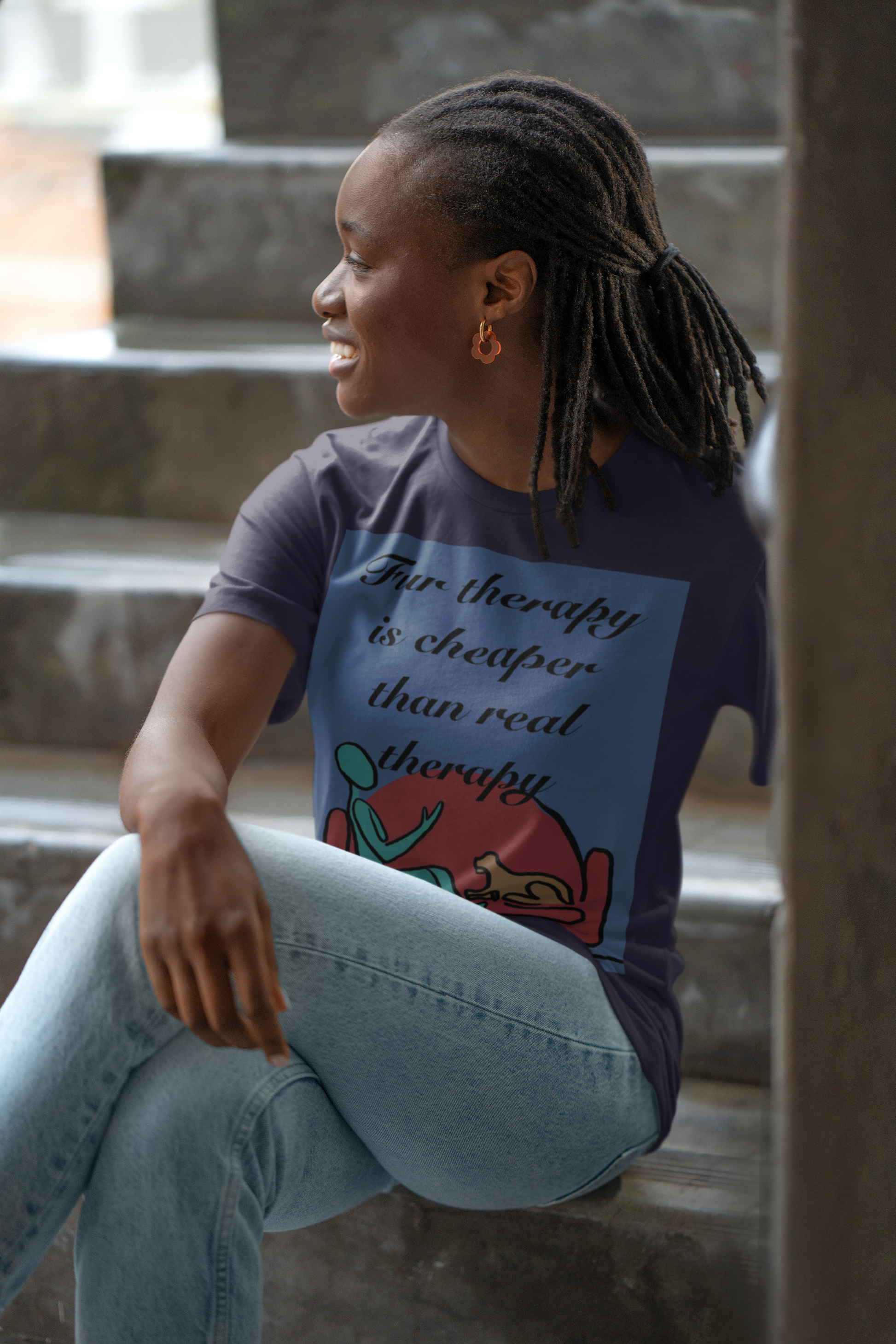 Woman with dreadlocks sitting on stairs wearing heather midnight navy Fur Therapy Is Cheaper Than Real Therapy colored dog t-shirt – sarcastic pet therapy affirmation by GrungePup Sarcastic Affirmations