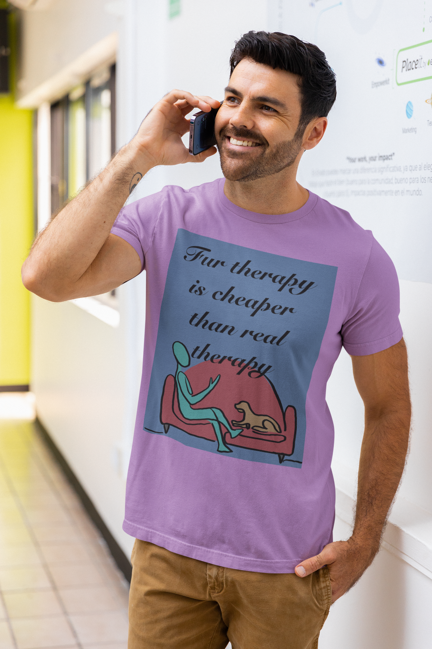 Man on phone wearing heather team purple Fur Therapy Is Cheaper Than Real Therapy colored dog t-shirt – lazy vibes pet therapy design by GrungePup Sarcastic Affirmations