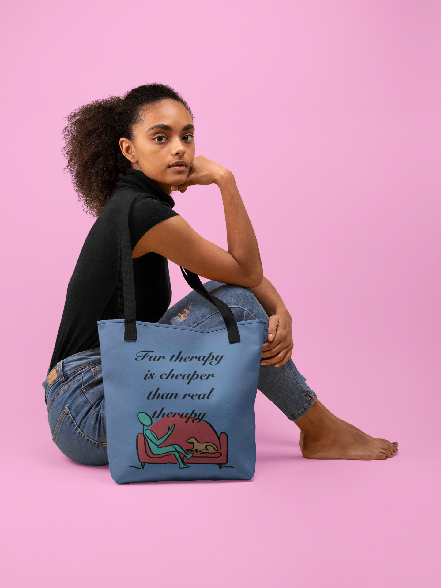Woman sitting on floor holding Fur Therapy Is Cheaper Than Real Therapy colored dog tote bag – sarcastic affirmation lazy vibes accessory by GrungePup Sarcastic Affirmations