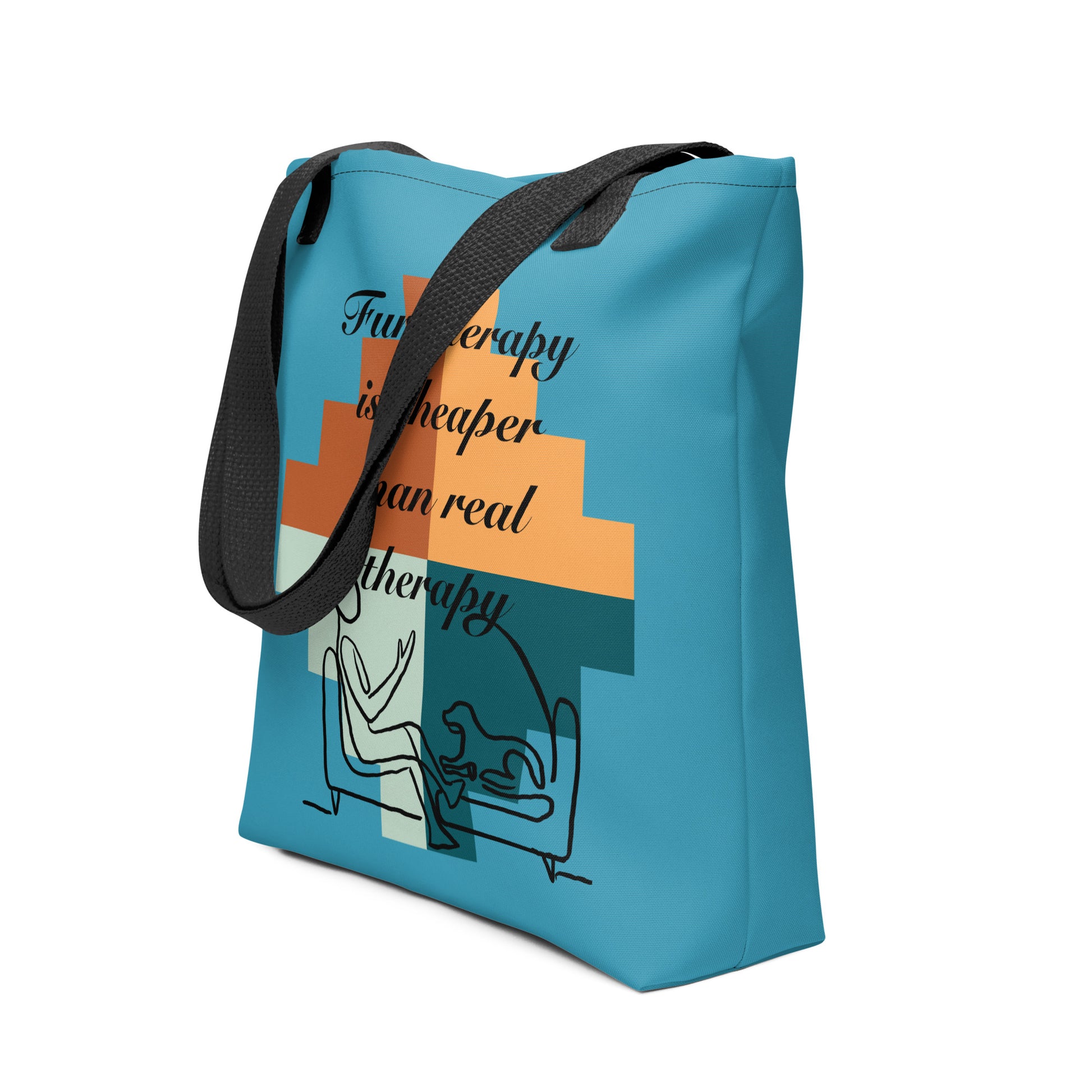Side angle of the blue geometric Fur Therapy is Cheaper Than Real Therapy tote bag showing the full design and black strap