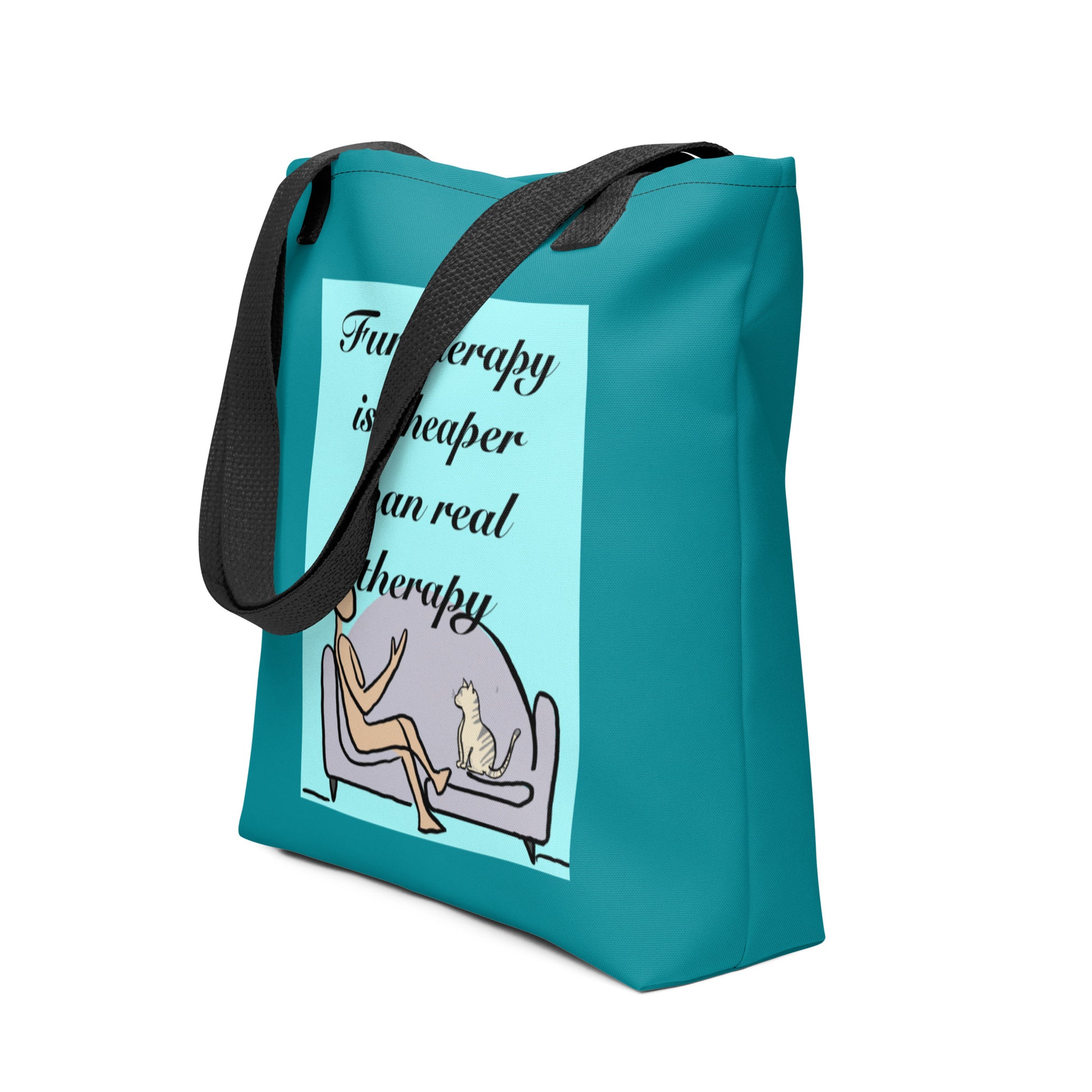 Fur Therapy Is Cheaper Than Real Therapy all-over print tote bag with black straps, side angle view – sarcastic affirmation design by GrungePup Sarcastic Affirmations