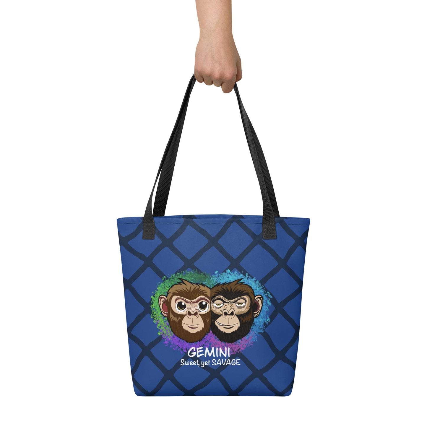 Front view of blue Gemini "Sweet, yet SAVAGE" tote bag with two monkey design on white background
