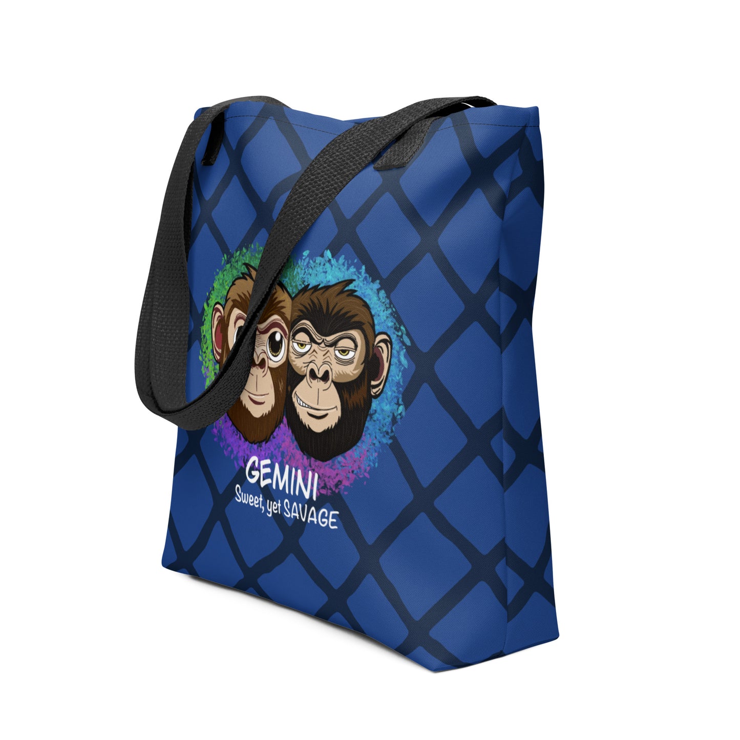 Side angle view of blue Gemini "Sweet, yet SAVAGE" tote bag showing depth and handles on white background