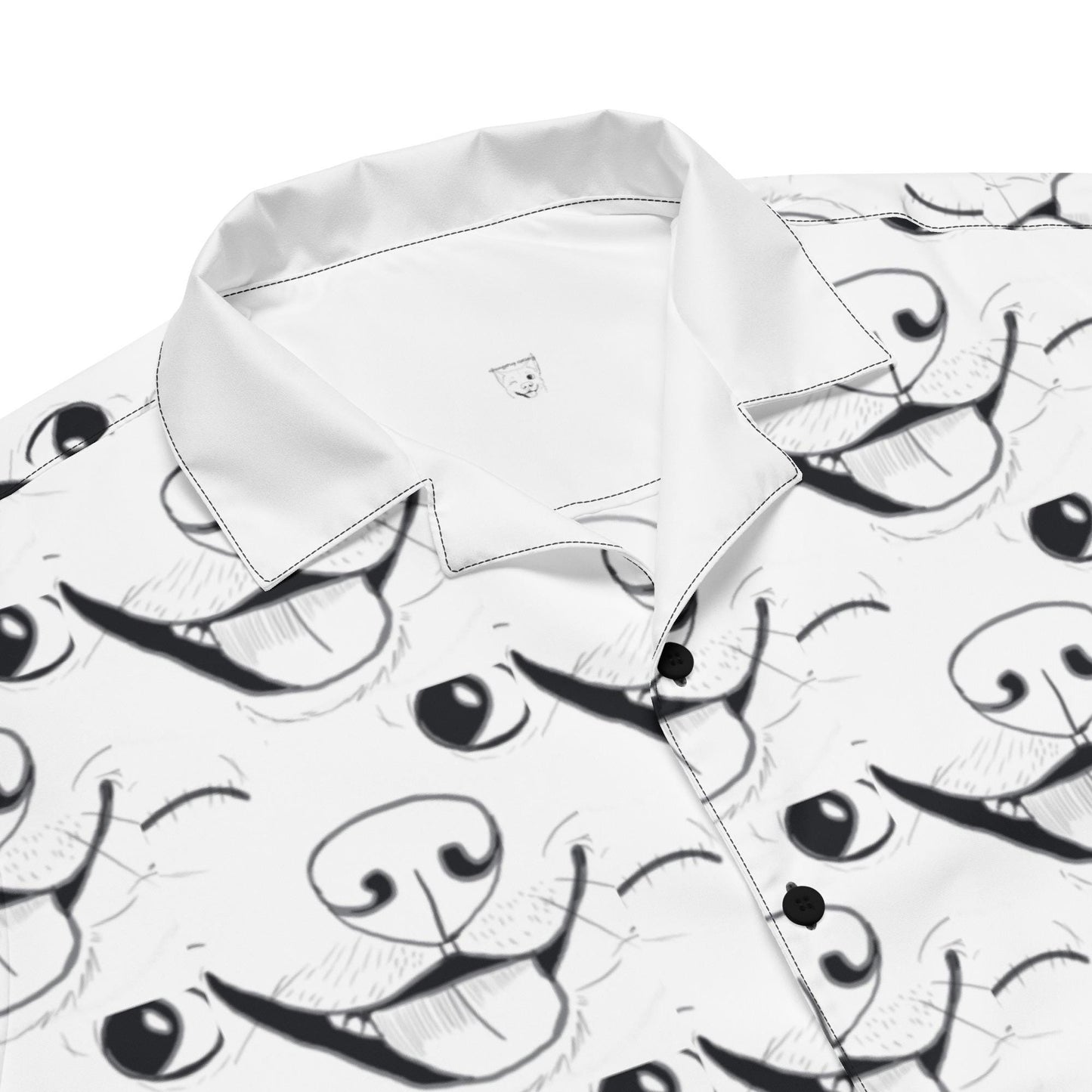 Close up detail of GrungePup logo all-over print pattern on button down shirt