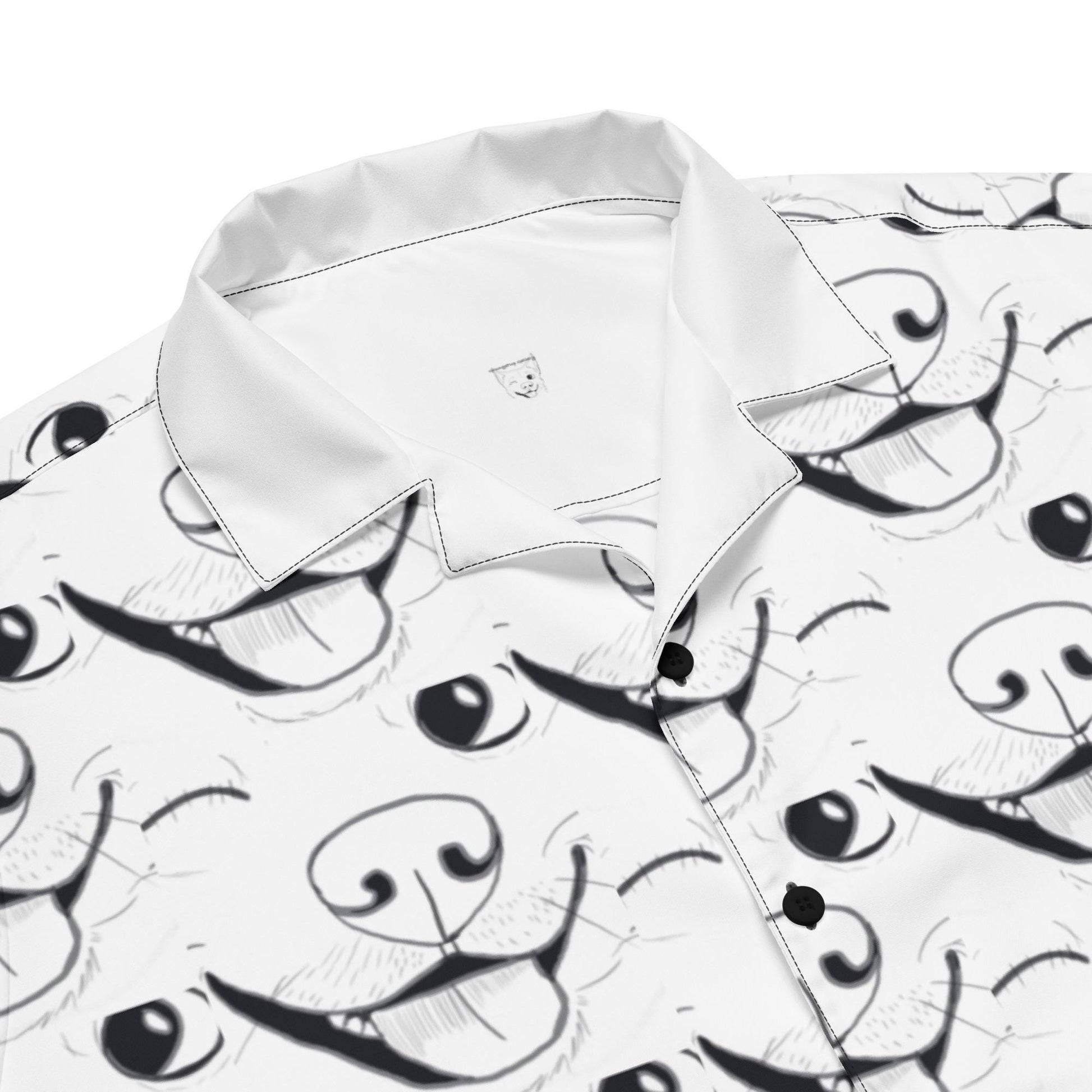 Close up detail of GrungePup logo all-over print pattern on button down shirt