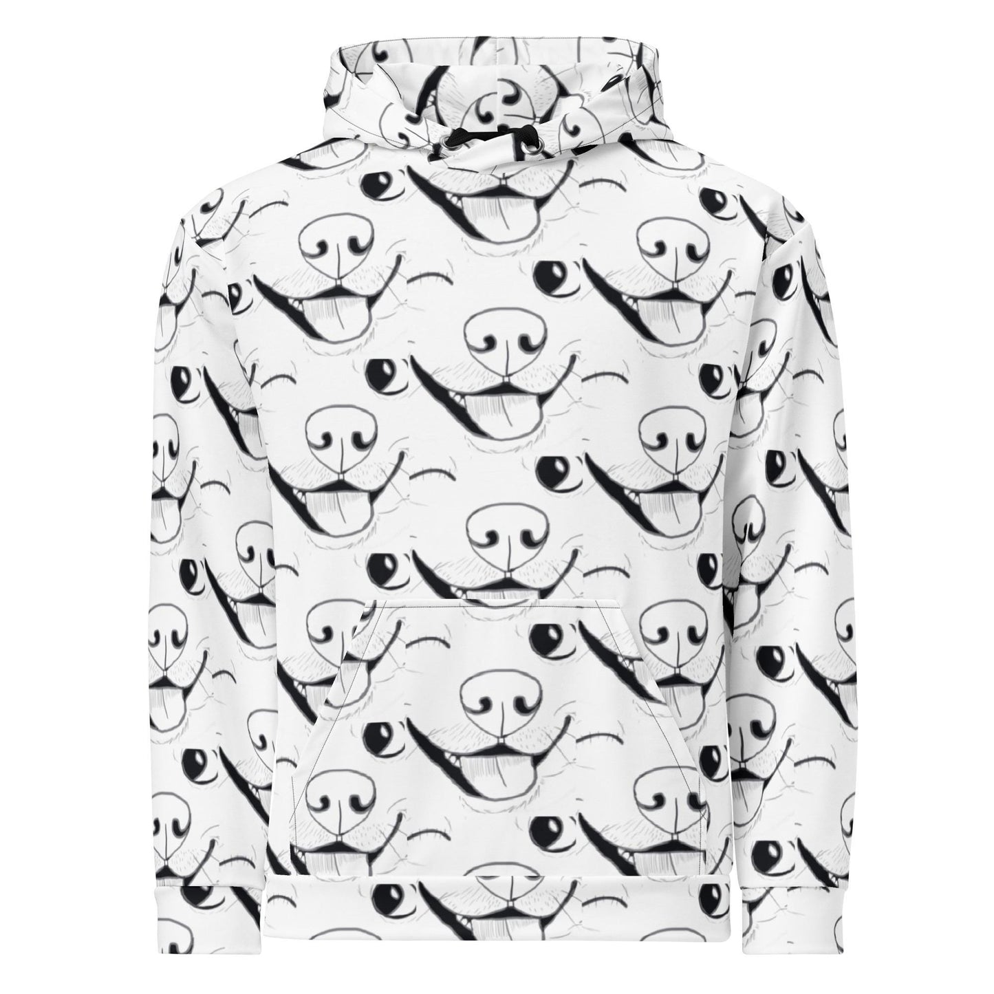 Front view of GrungePup logo all-over print hoodie laid flat showing full repeating design