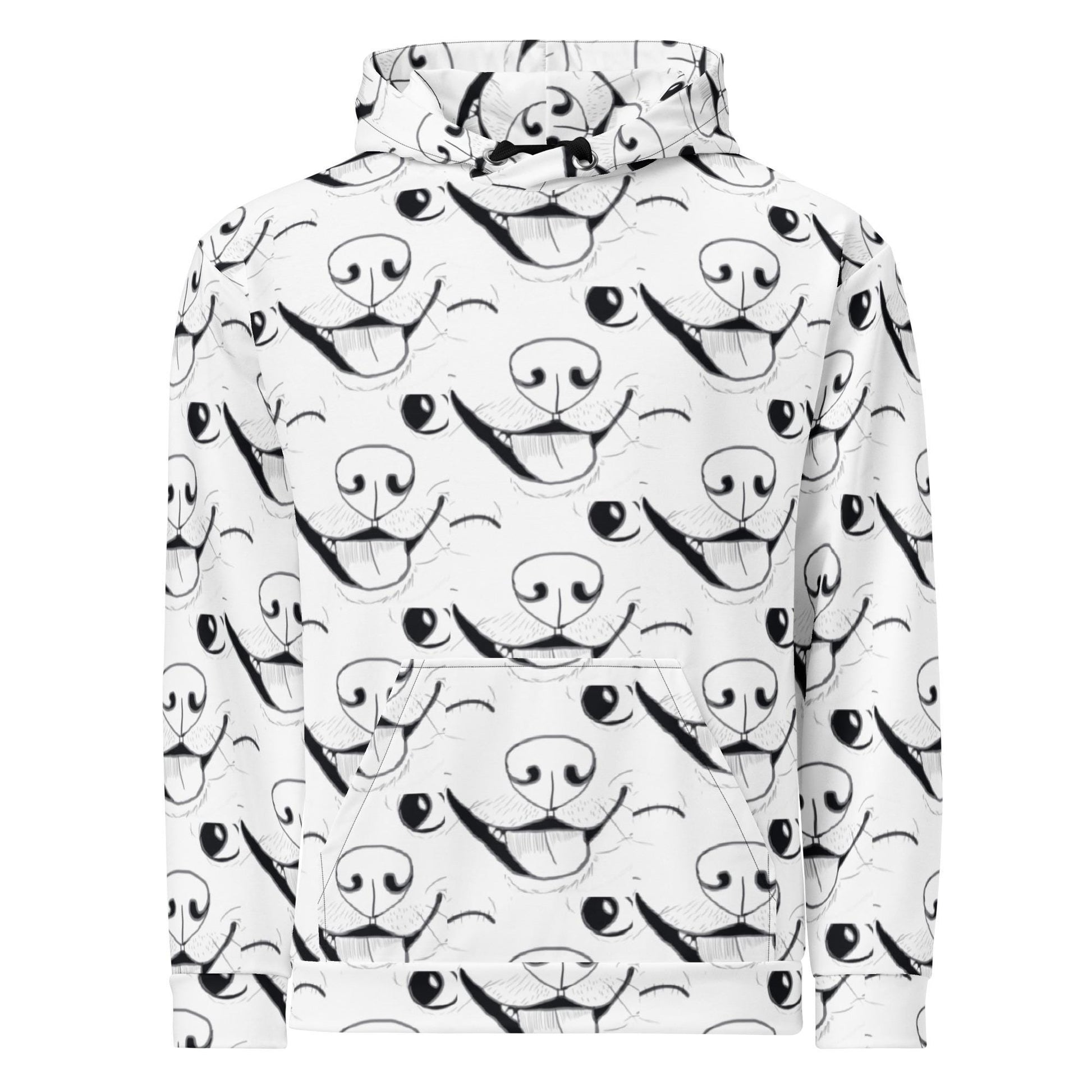 Front view of GrungePup logo all-over print hoodie laid flat showing full repeating design