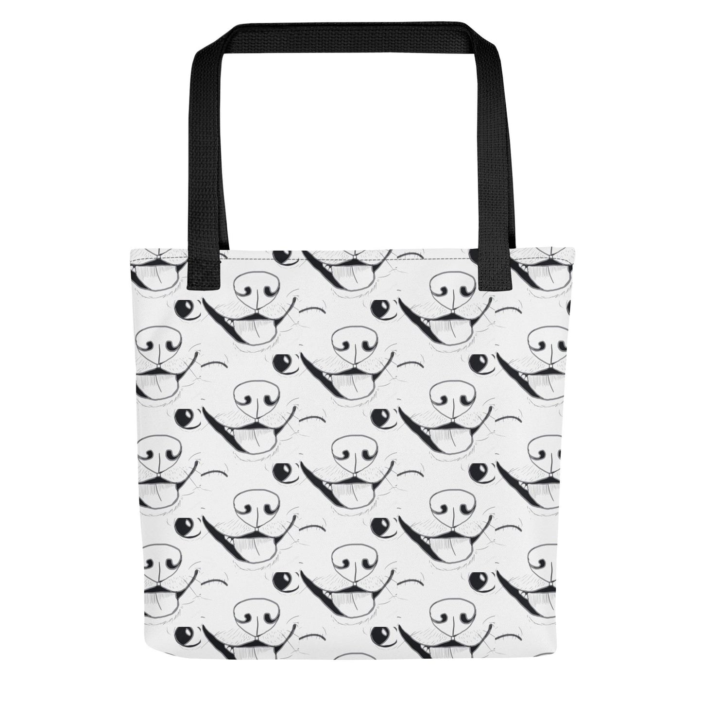 Front view of GrungePup logo all-over print tote bag showing full repeating design