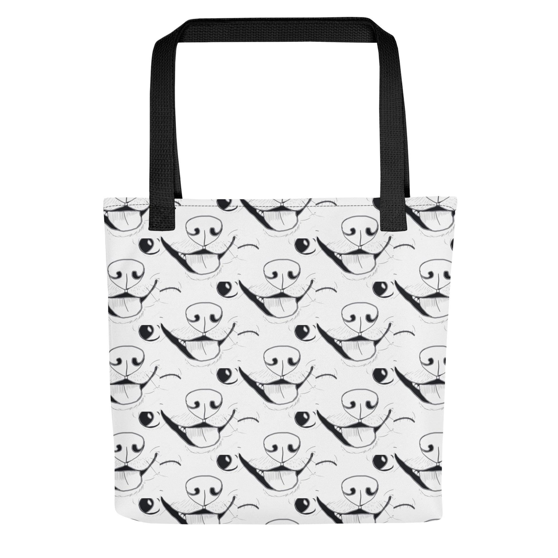 Front view of GrungePup logo all-over print tote bag showing full repeating design