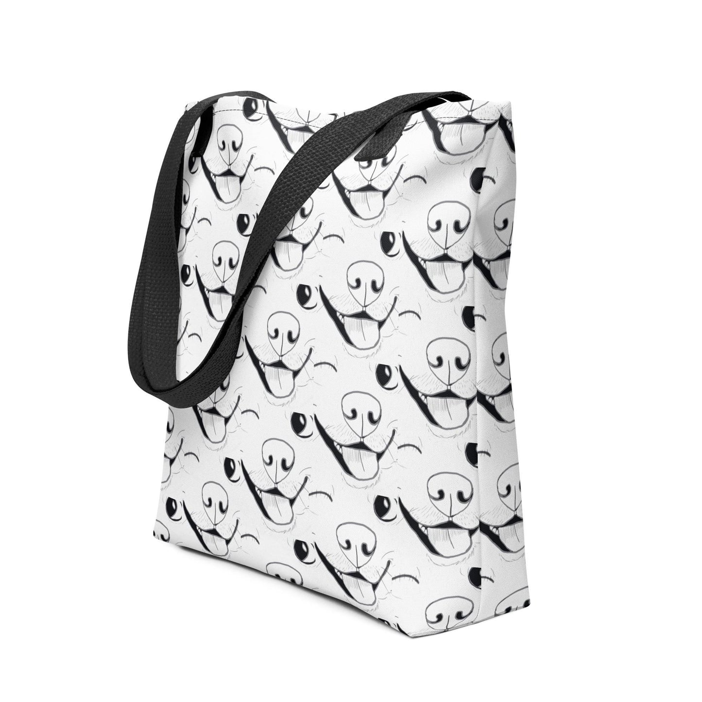 Side angle view of GrungePup logo all-over print tote bag showing depth and handle