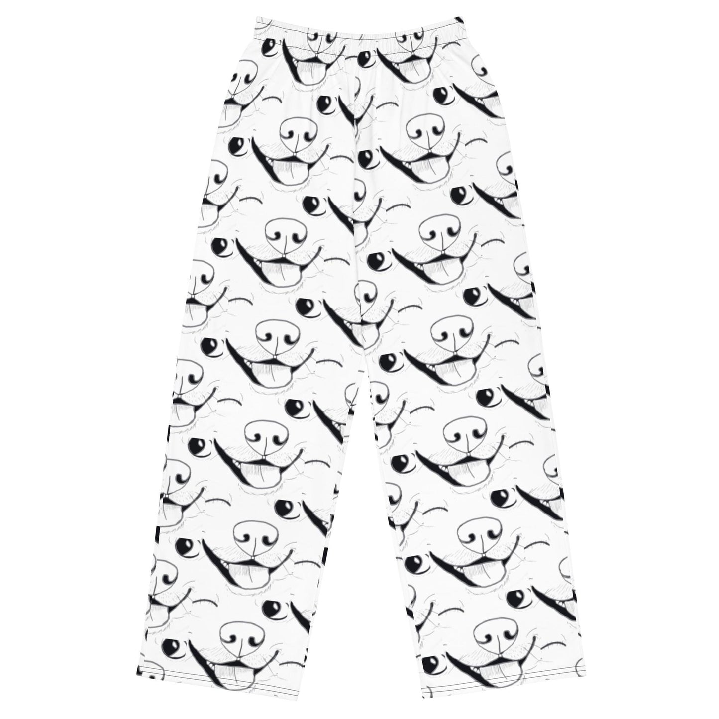 Flat front view of GrungePup logo all-over print wide-leg pants on white background