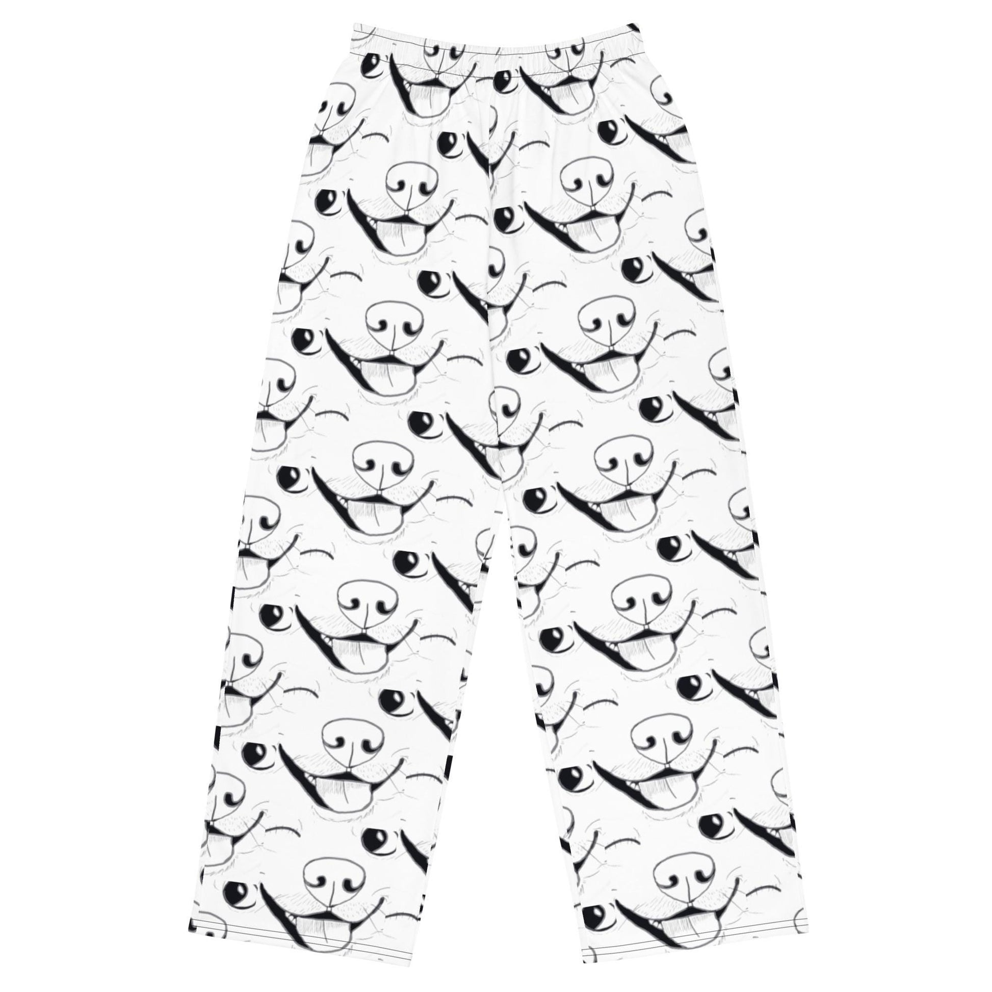Flat front view of GrungePup logo all-over print wide-leg pants on white background